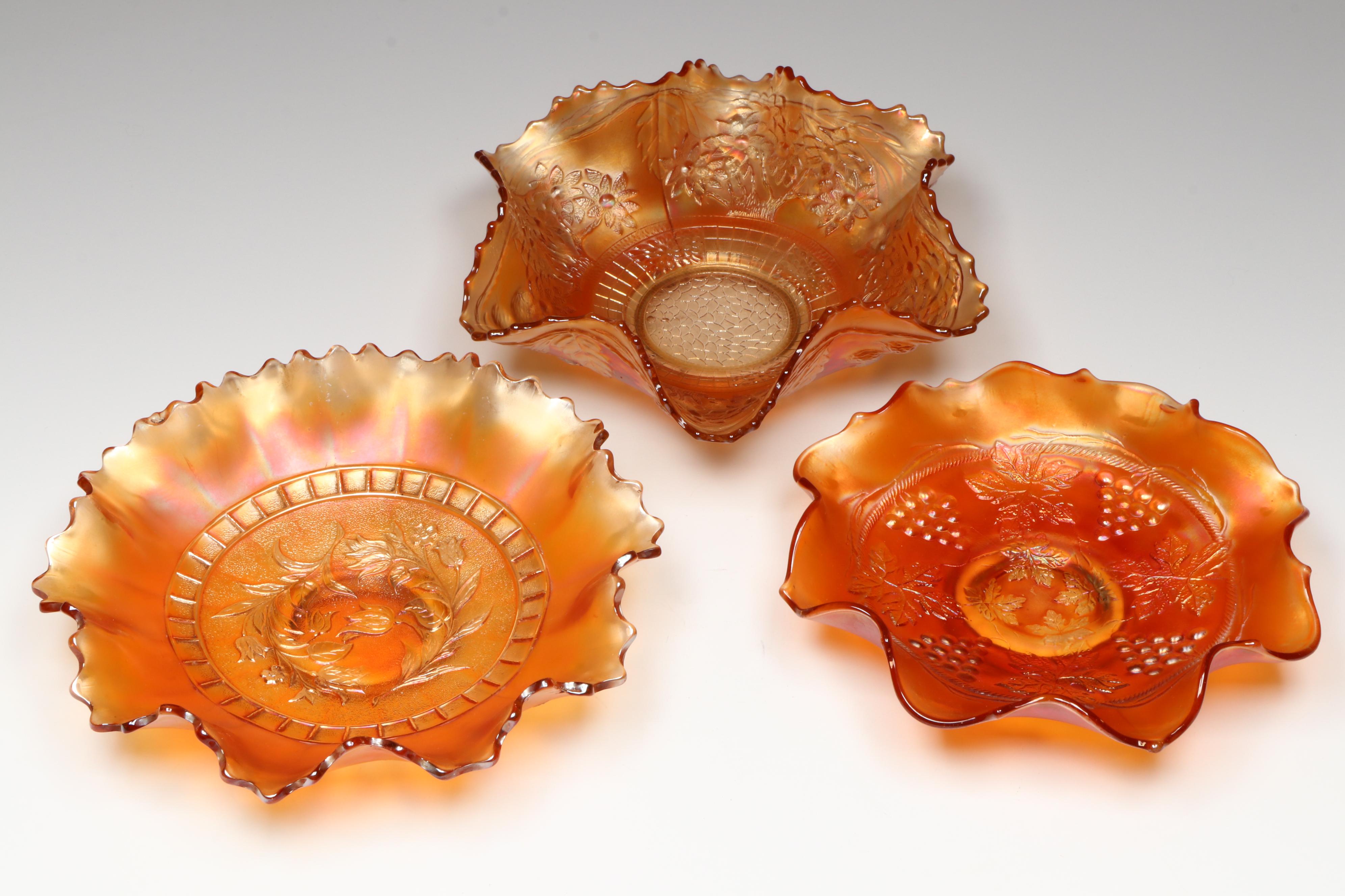 Fenton "Grape and Cable" Ruffled Carnival Glass Dish with More Marigold Bowls