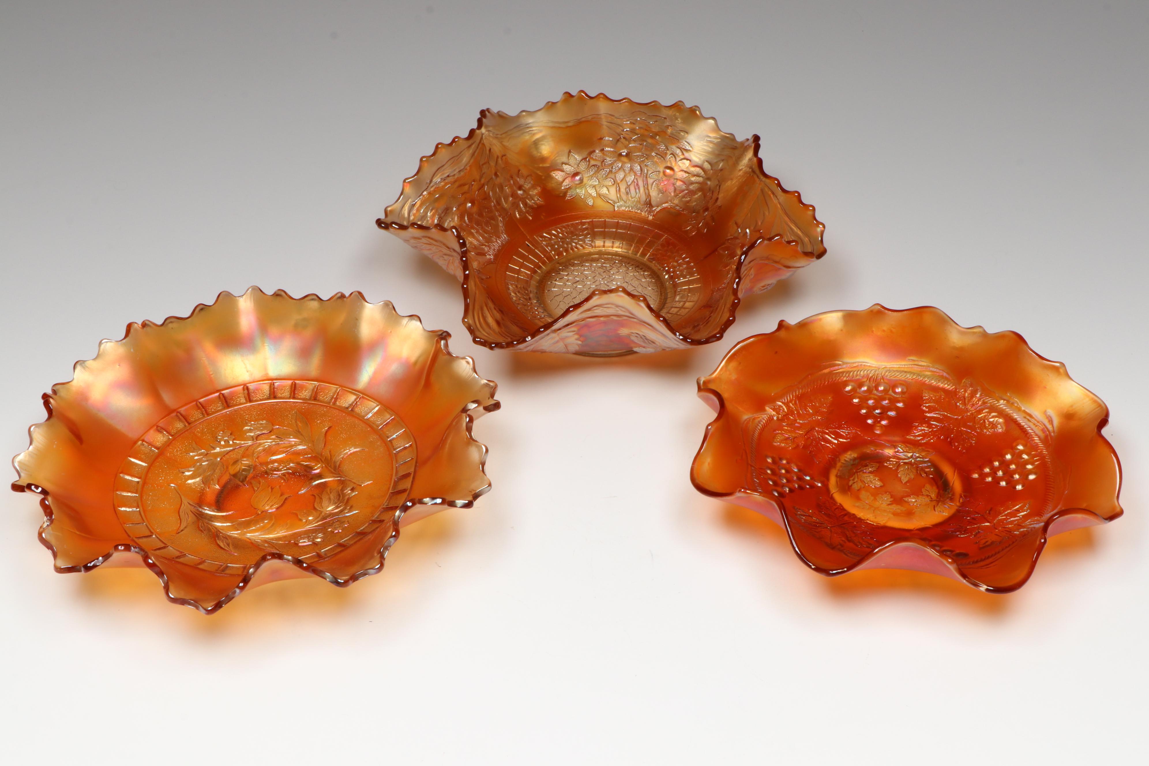 Fenton "Grape and Cable" Ruffled Carnival Glass Dish with More Marigold Bowls