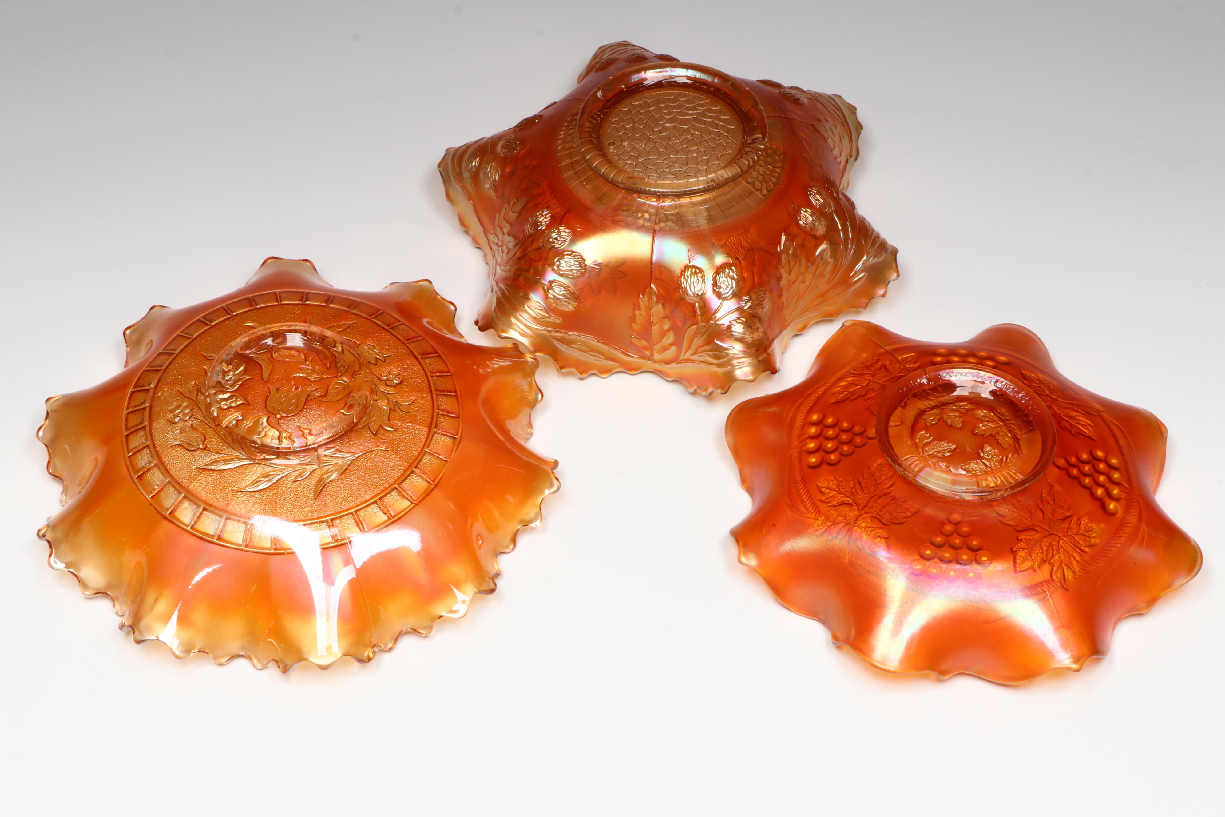 Fenton "Grape and Cable" Ruffled Carnival Glass Dish with More Marigold Bowls