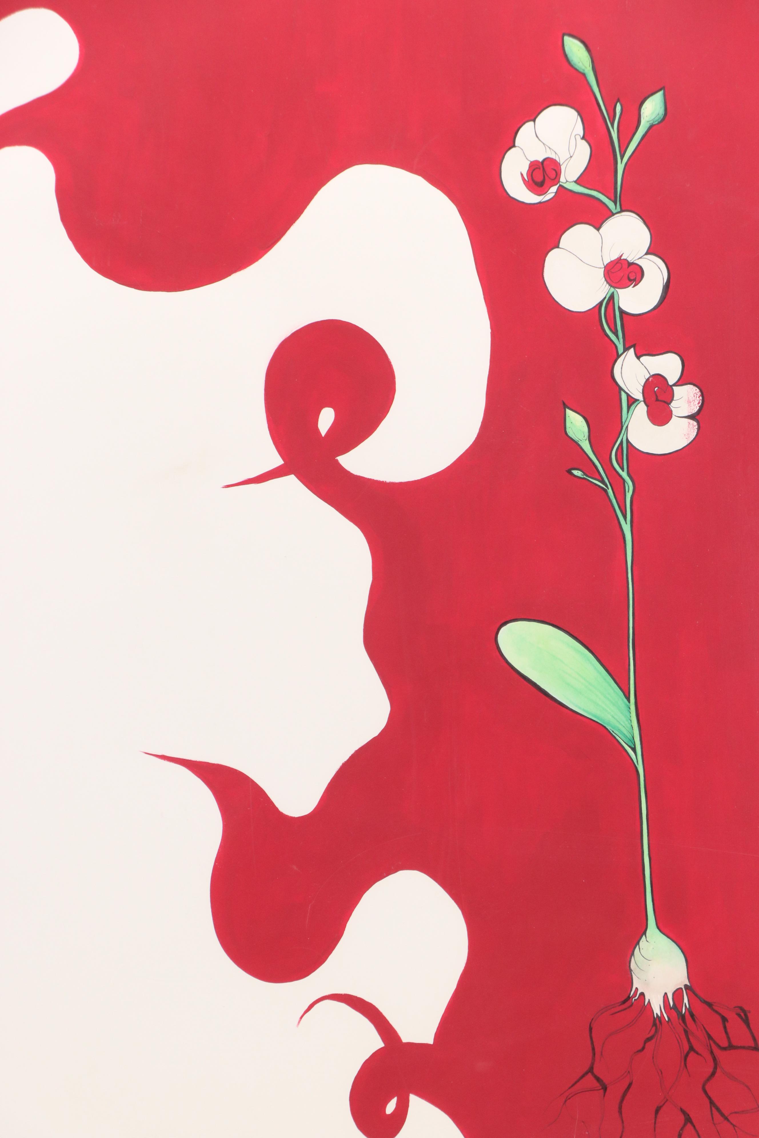 Stylized Mixed Media Painting of White Orchid, Late 20th/21st Century