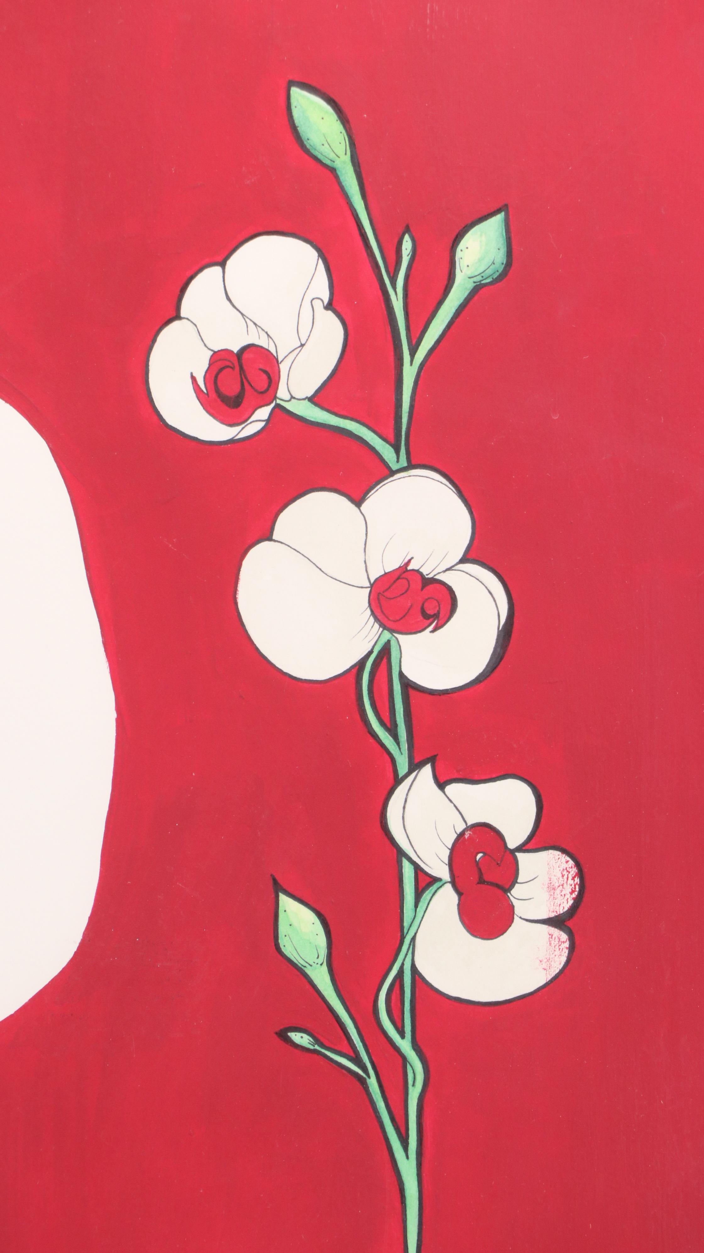 Stylized Mixed Media Painting of White Orchid, Late 20th/21st Century