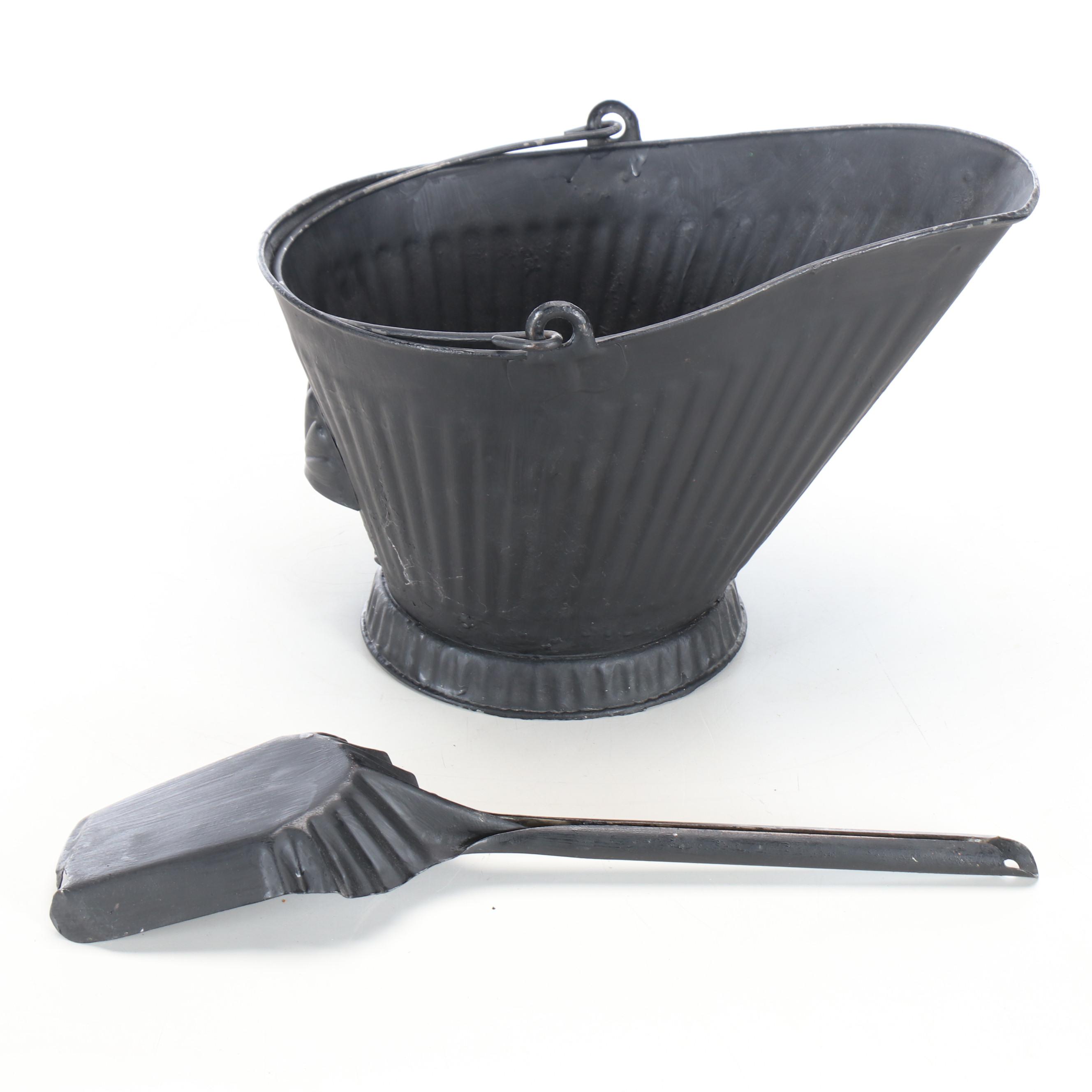 Federal Style Wood Stool and Metal Coal Bucket