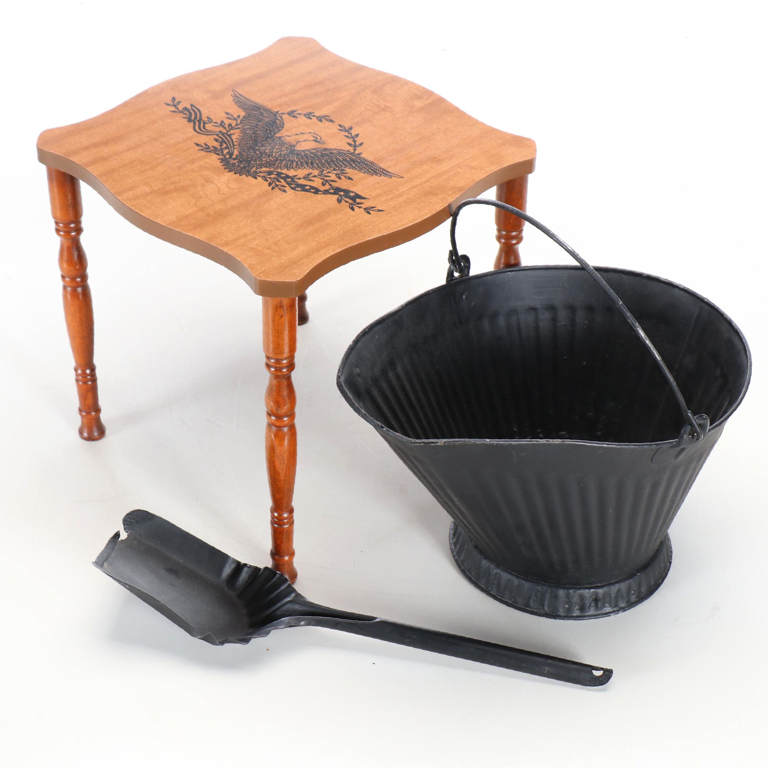 Federal Style Wood Stool and Metal Coal Bucket