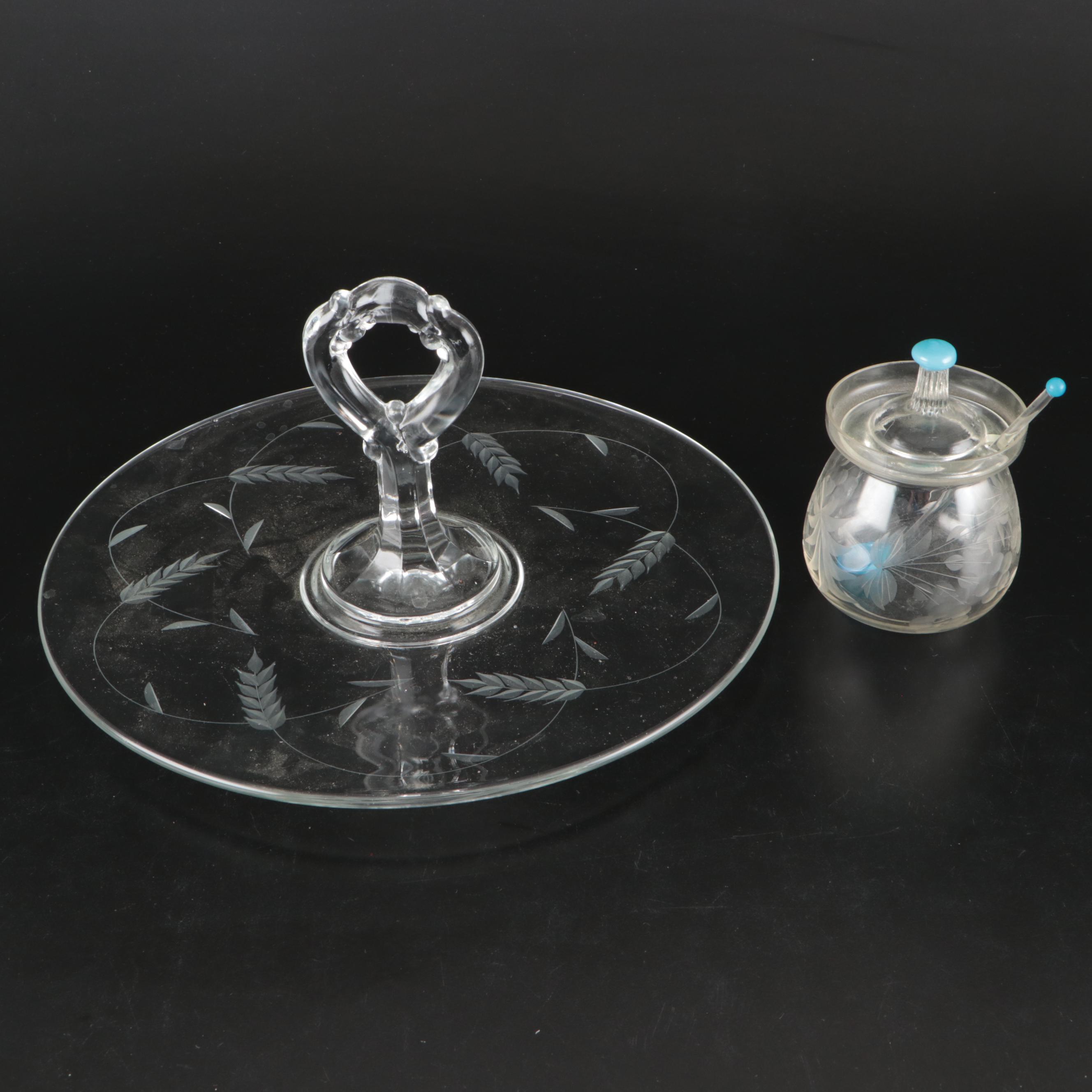 Vintage Etched Glass Tidbit Tray with Honey Pot, Mid-20th Century
