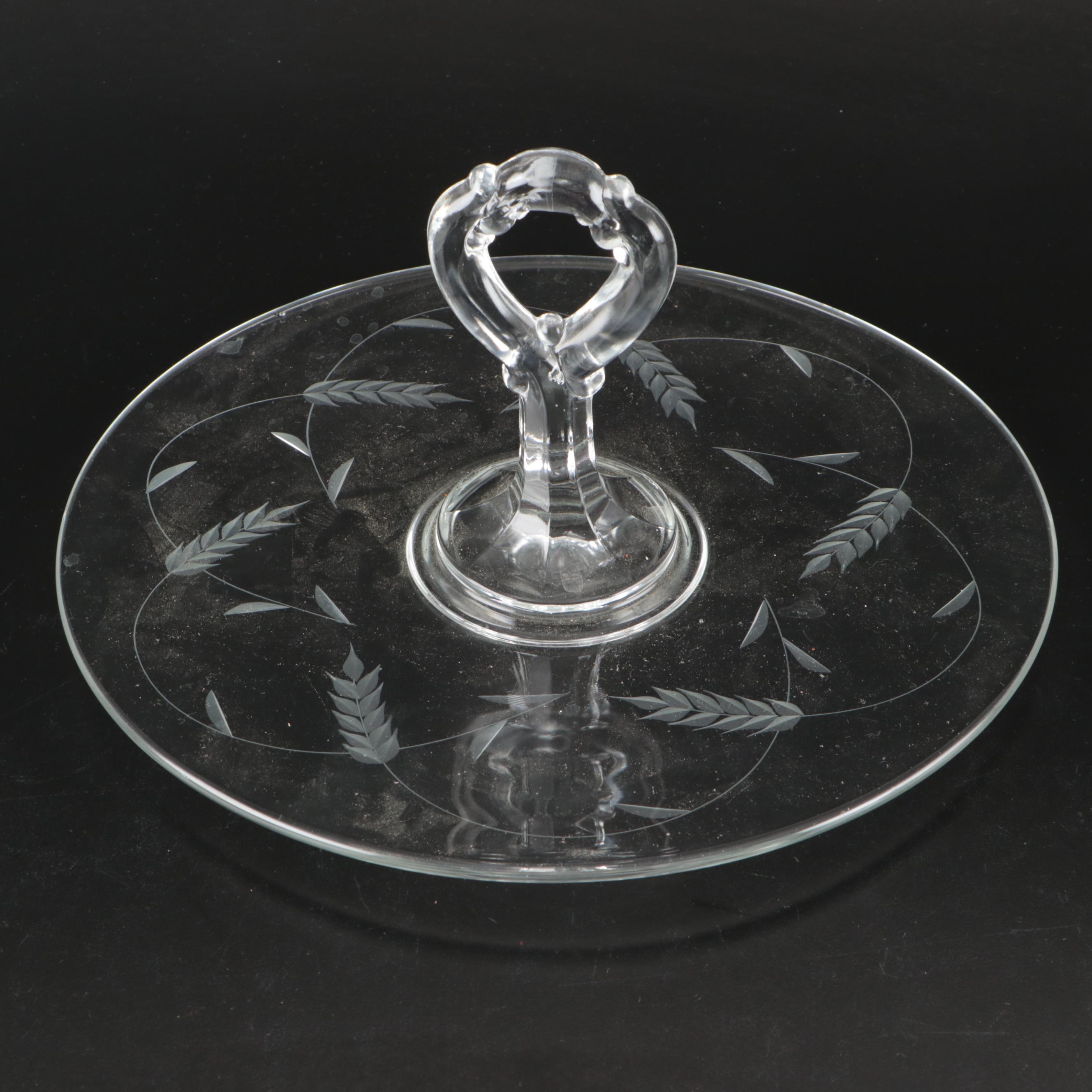 Vintage Etched Glass Tidbit Tray with Honey Pot, Mid-20th Century