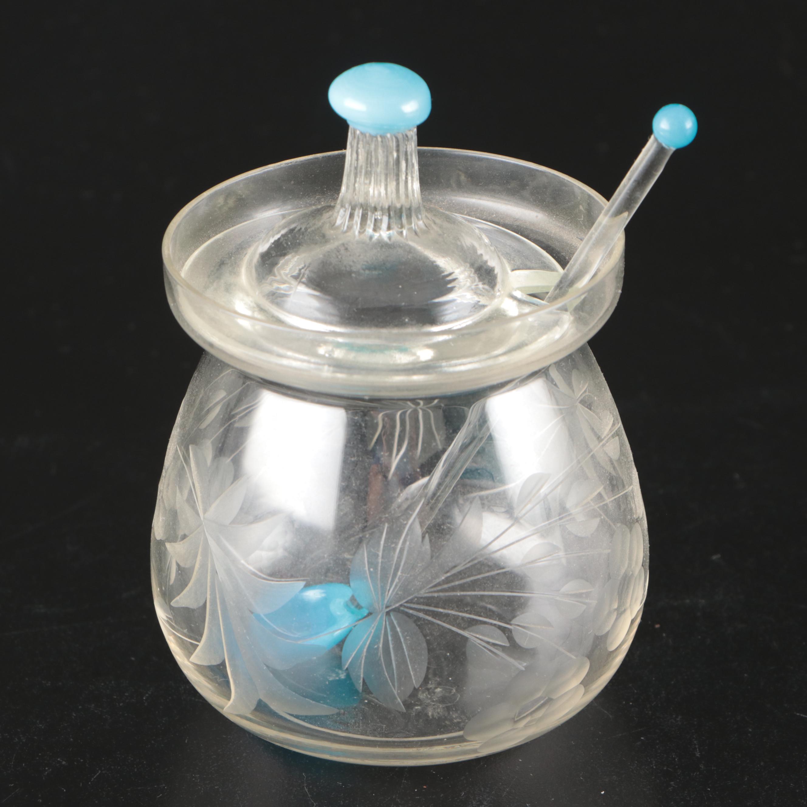 Vintage Etched Glass Tidbit Tray with Honey Pot, Mid-20th Century