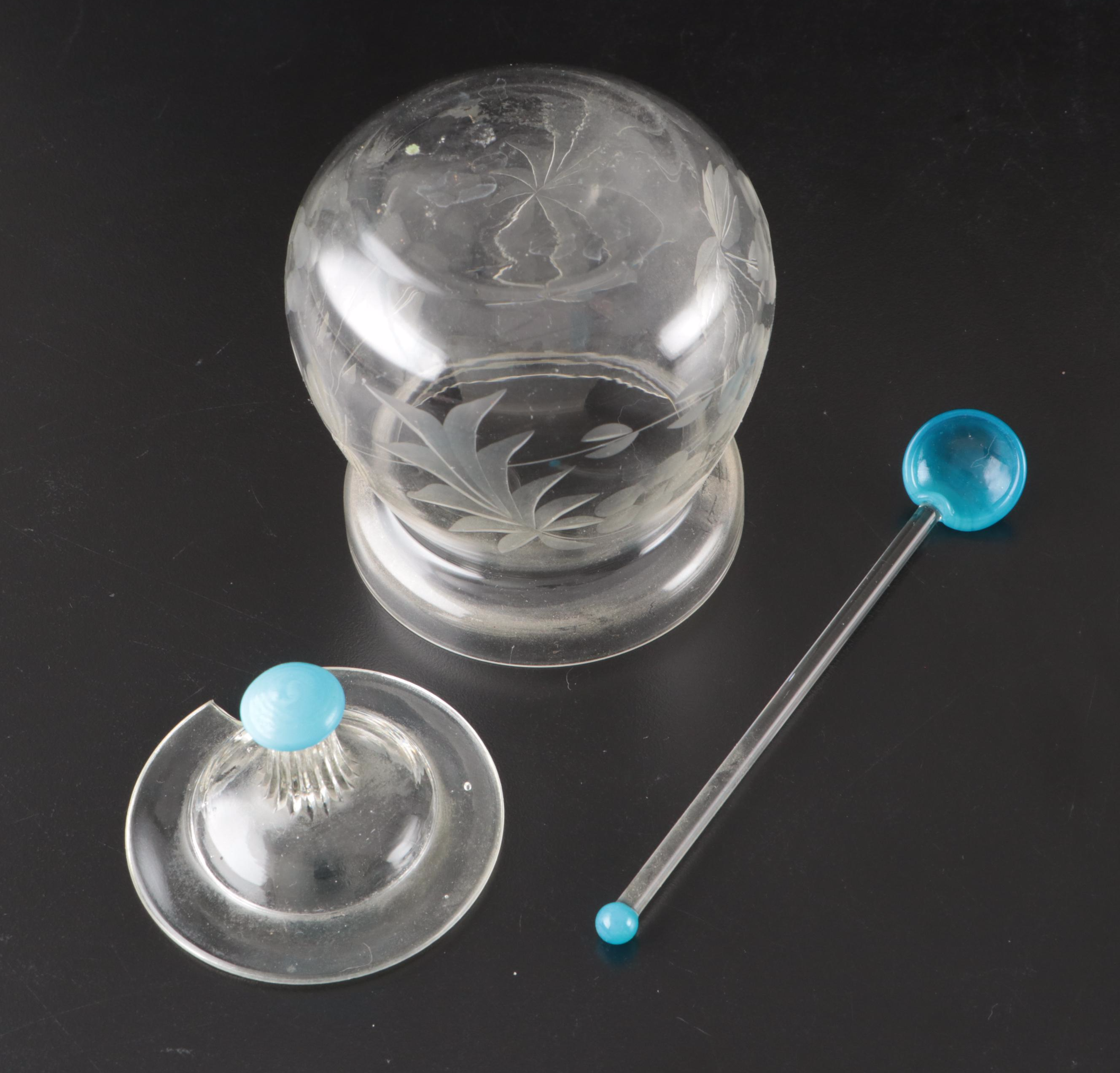 Vintage Etched Glass Tidbit Tray with Honey Pot, Mid-20th Century