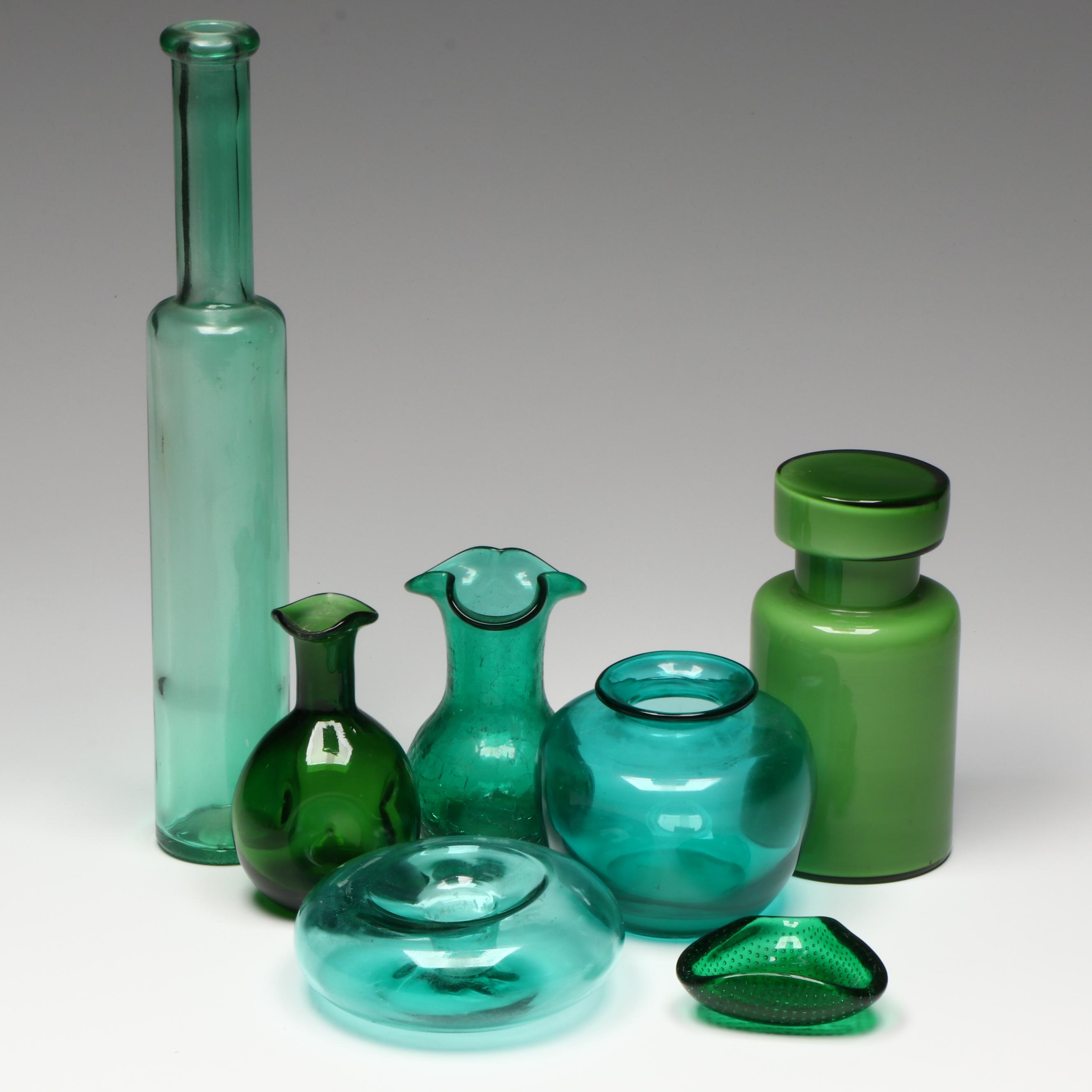Mid Century Modern Murano Style Cased Green Glass Jar with Other Décor