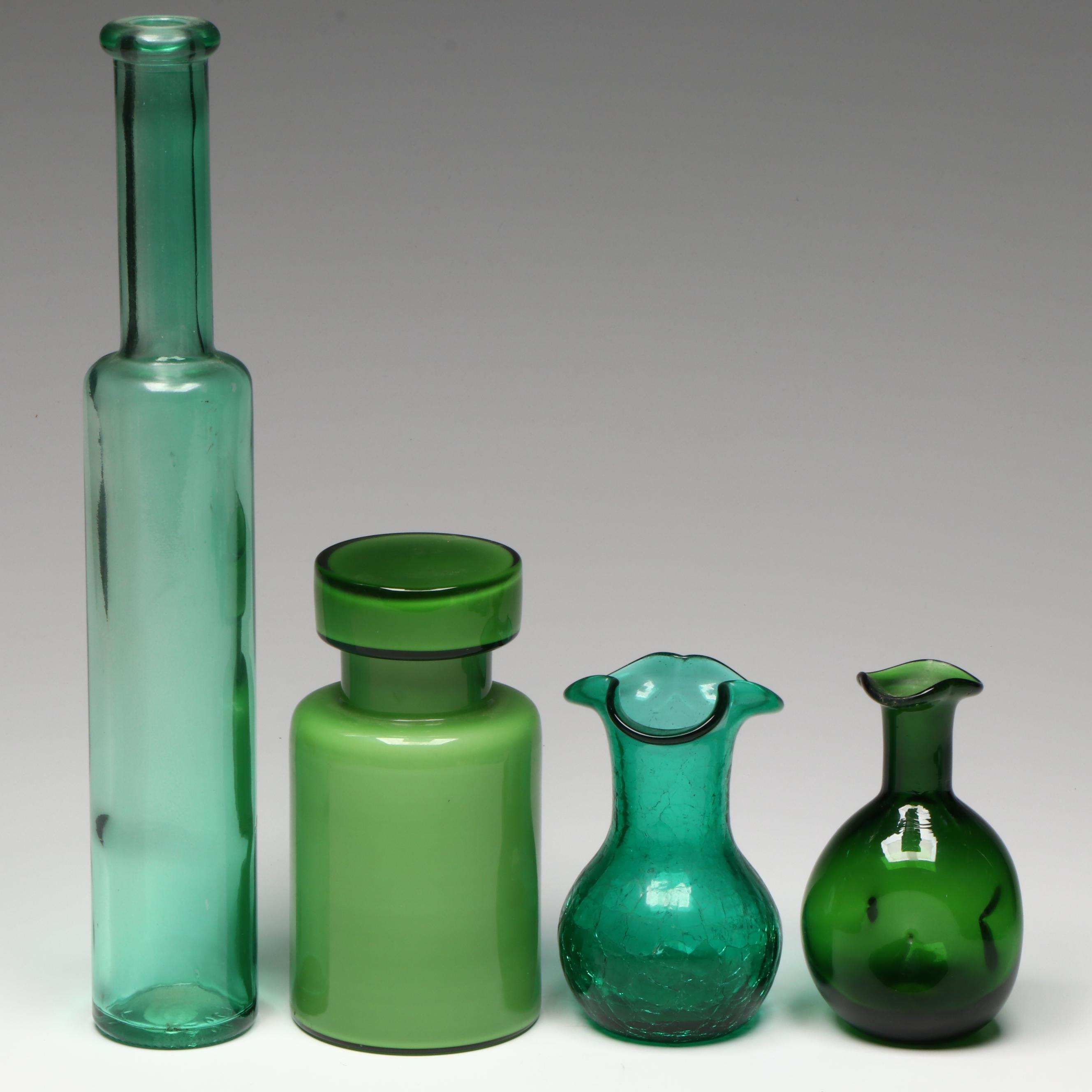 Mid Century Modern Murano Style Cased Green Glass Jar with Other Décor