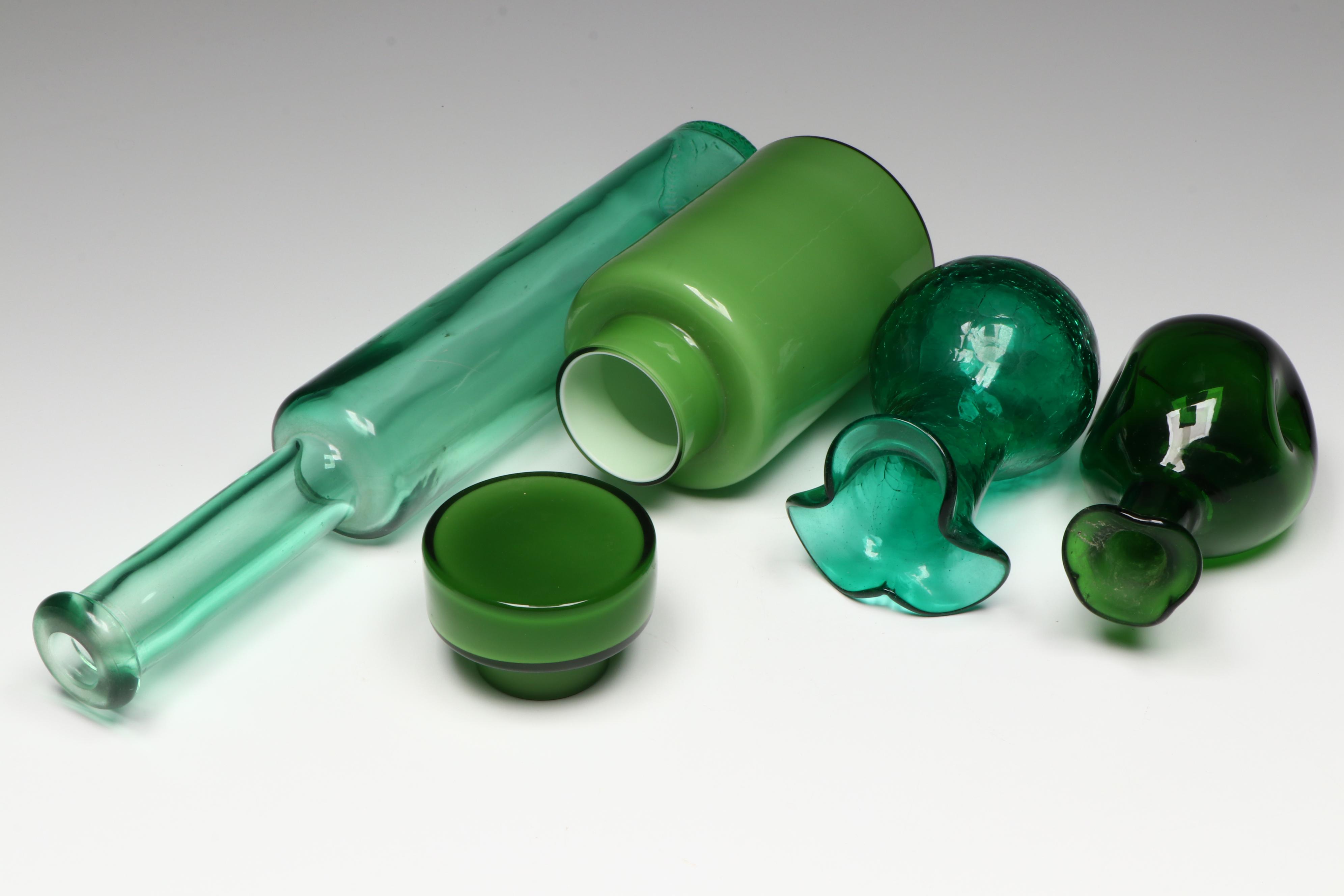 Mid Century Modern Murano Style Cased Green Glass Jar with Other Décor