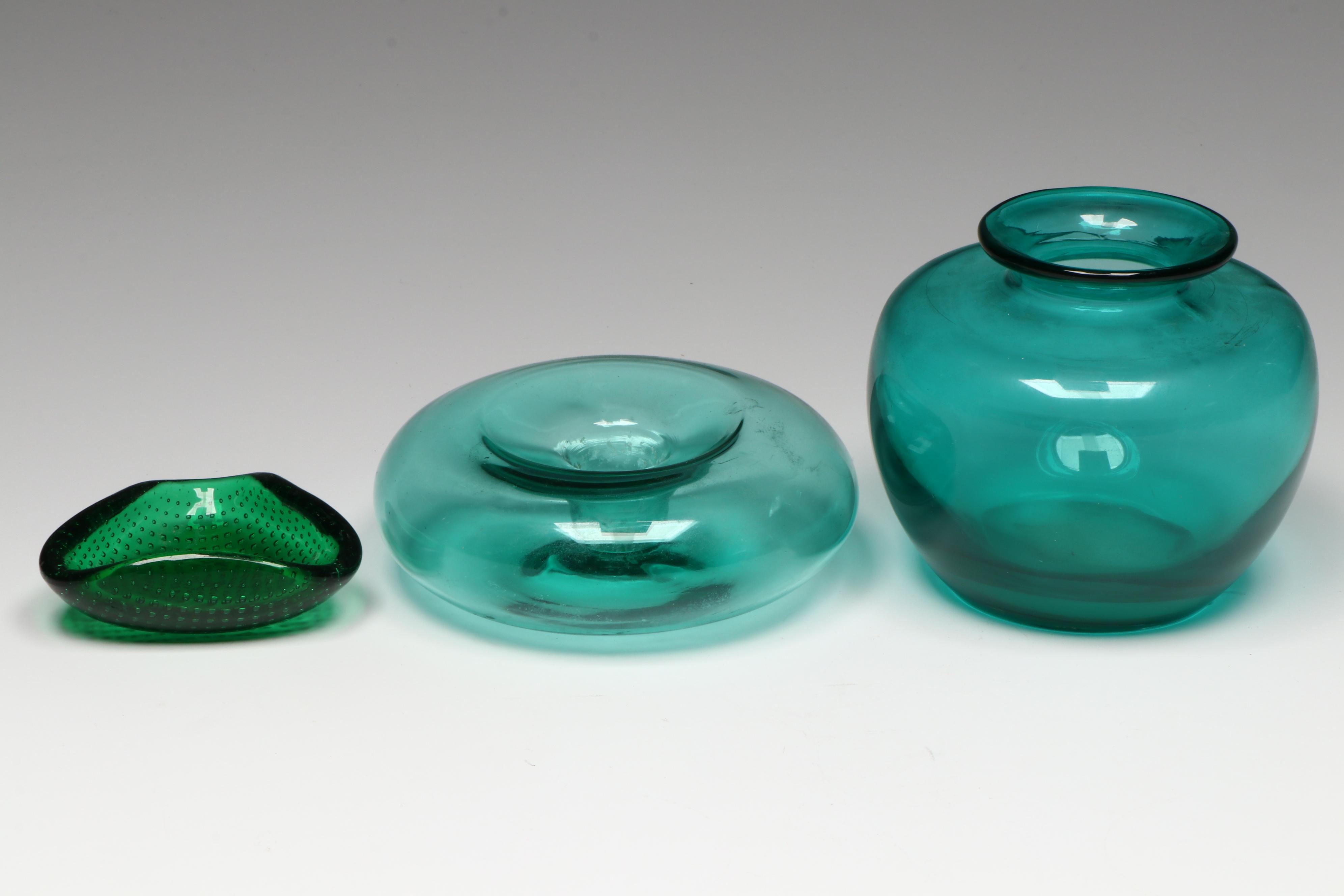 Mid Century Modern Murano Style Cased Green Glass Jar with Other Décor