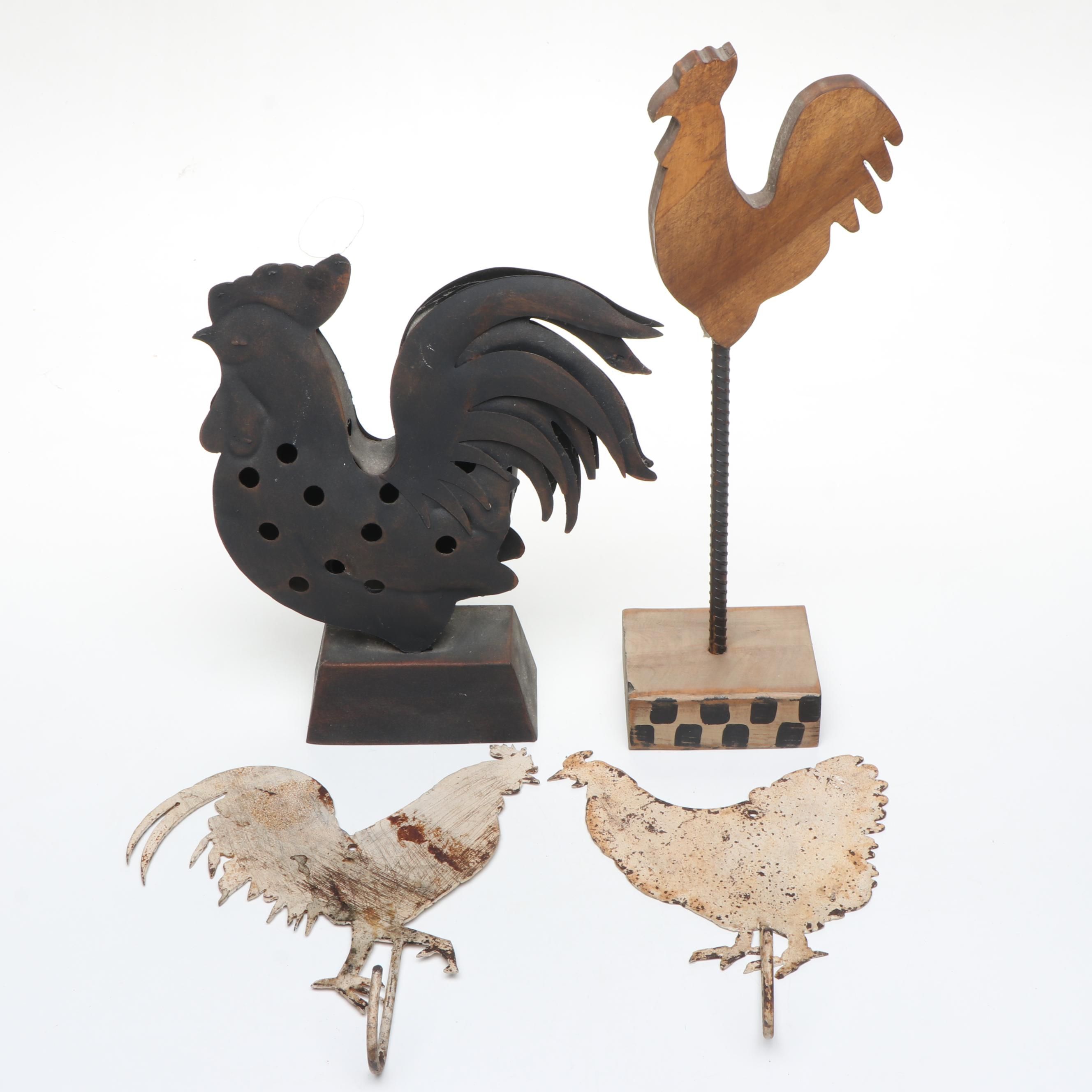 Rustic Style Roosters and Figural Metal Wall Hooks