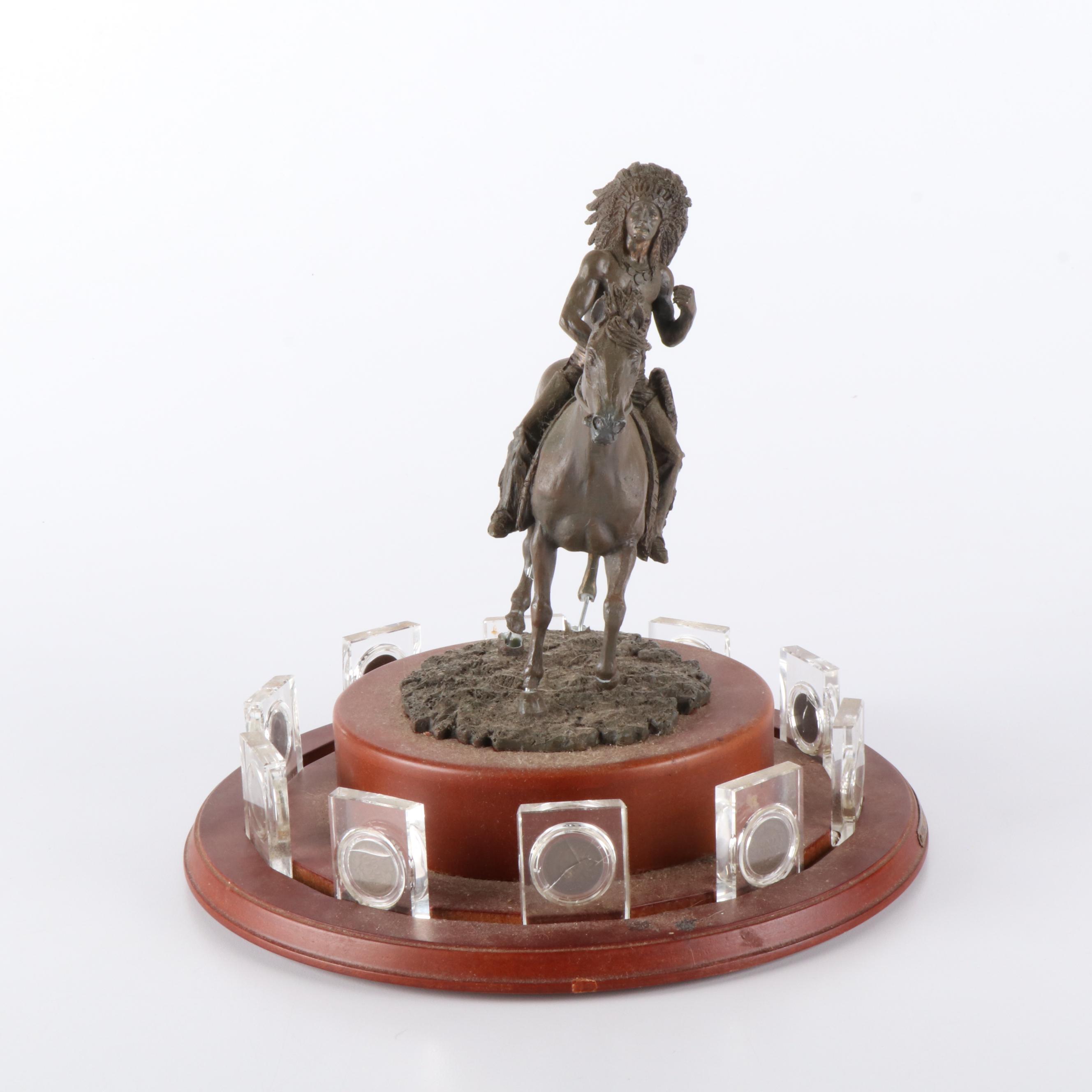 Native American and Horse Figure on Wooden Pedestal with Ten Indian Head Cents