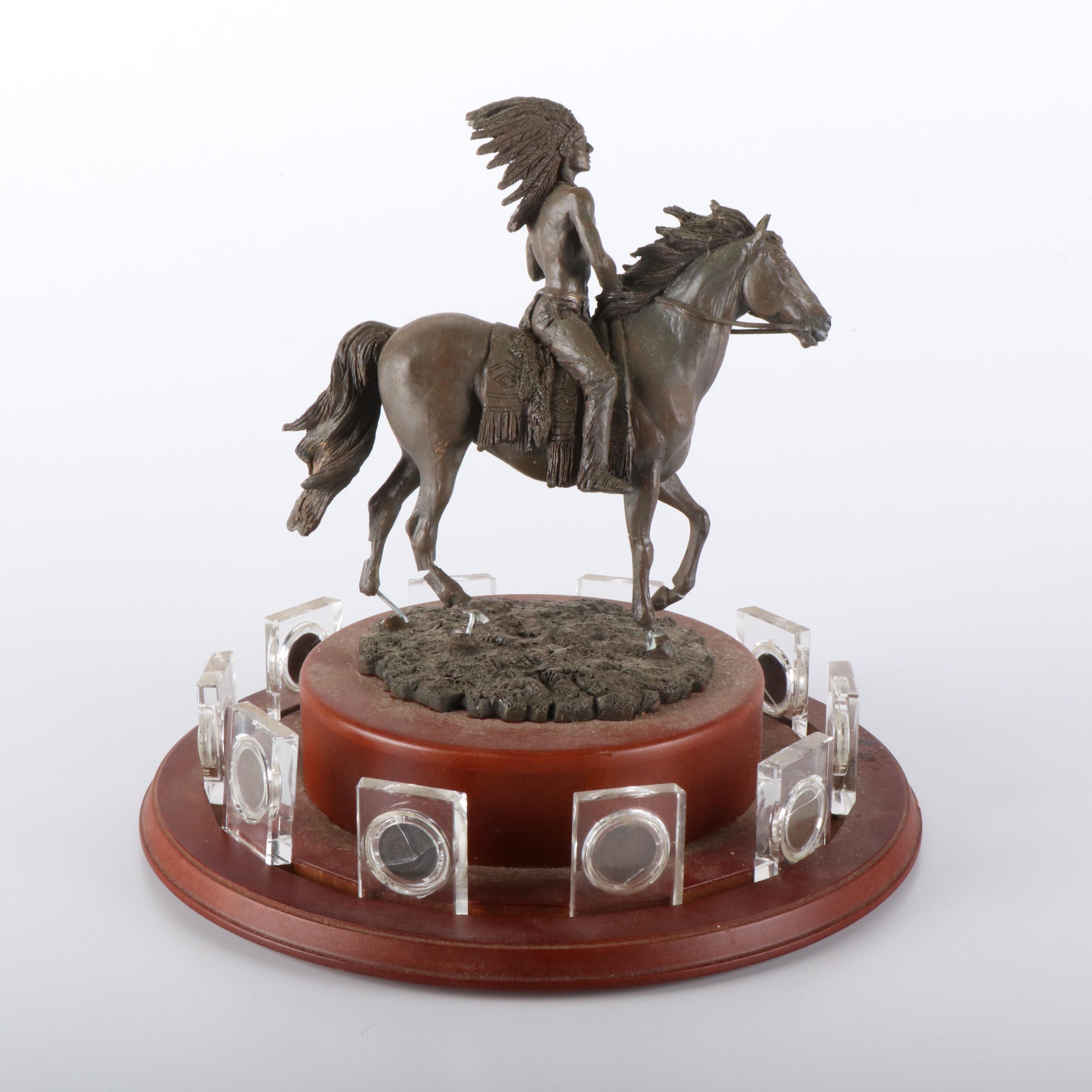 Native American and Horse Figure on Wooden Pedestal with Ten Indian Head Cents