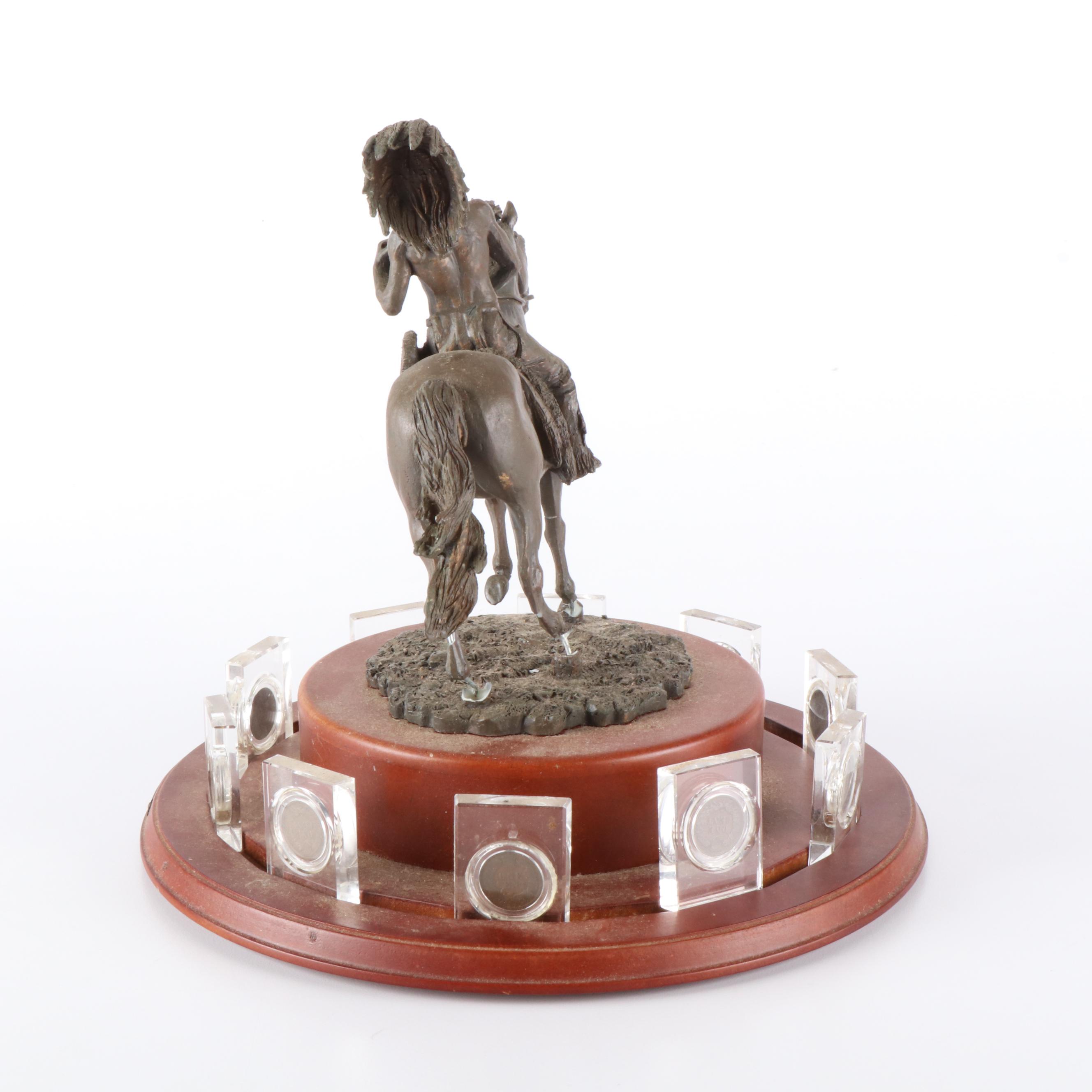 Native American and Horse Figure on Wooden Pedestal with Ten Indian Head Cents
