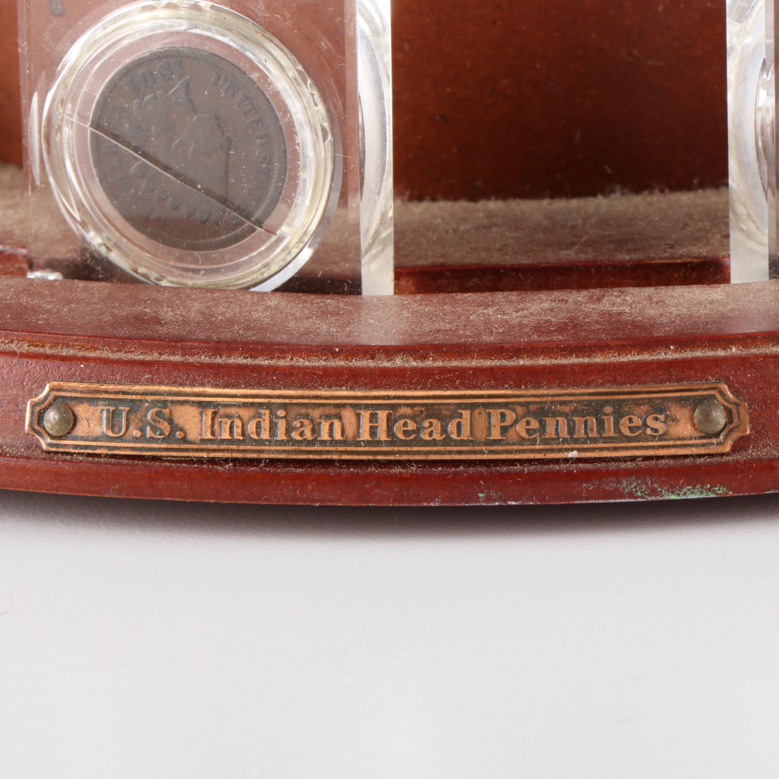 Native American and Horse Figure on Wooden Pedestal with Ten Indian Head Cents