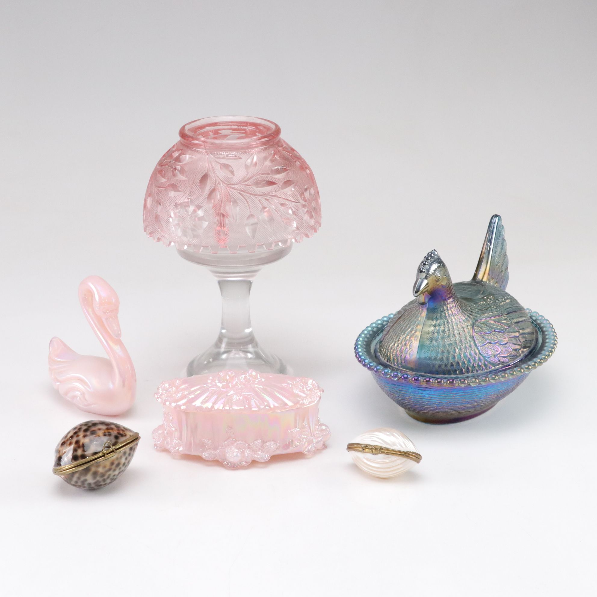 Fenton Pink Fairy Lamp, Carnival Glass Hen on Nest, Seashell Boxes & More