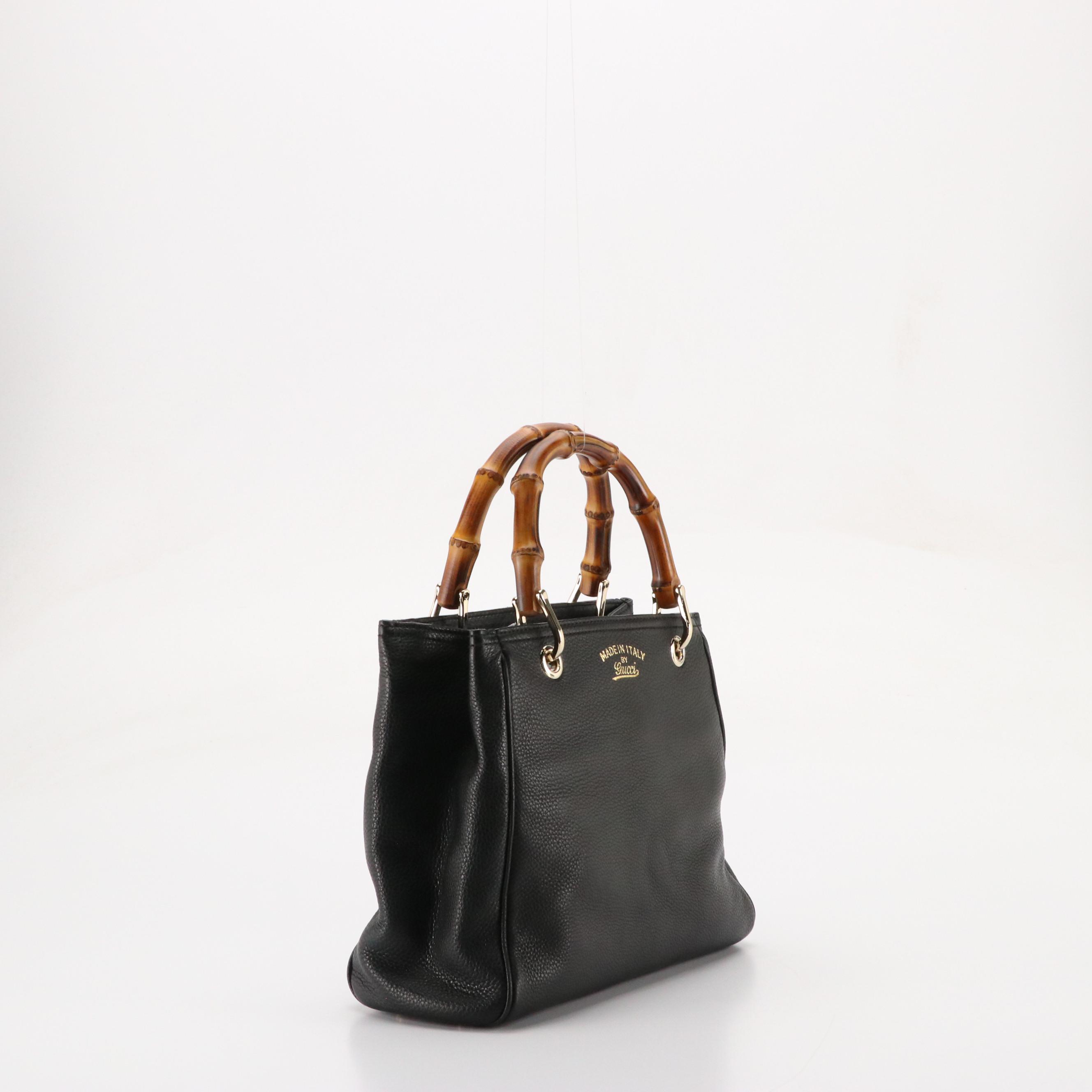Gucci Bamboo Handle Tote in Black Grained Calfskin Leather