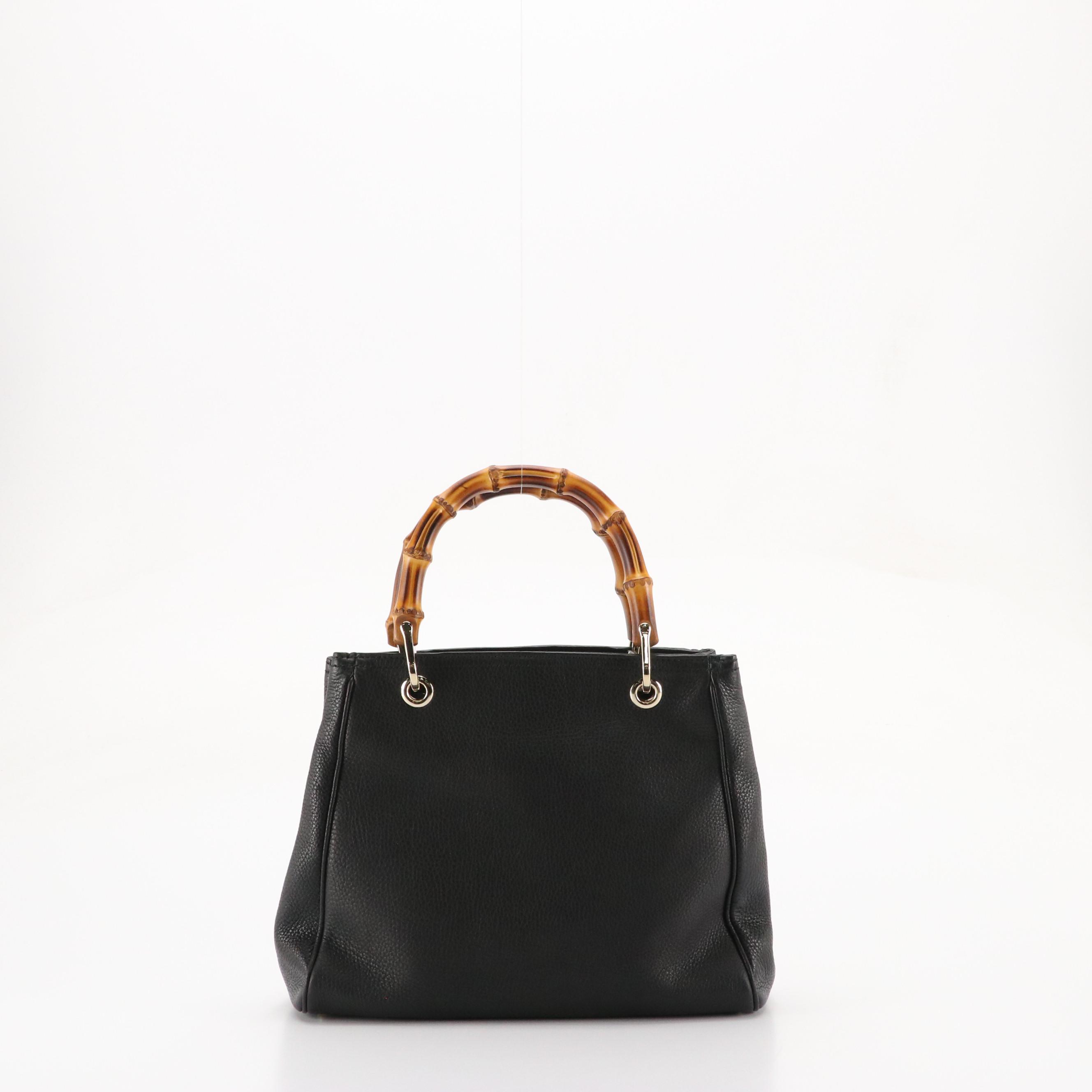 Gucci Bamboo Handle Tote in Black Grained Calfskin Leather