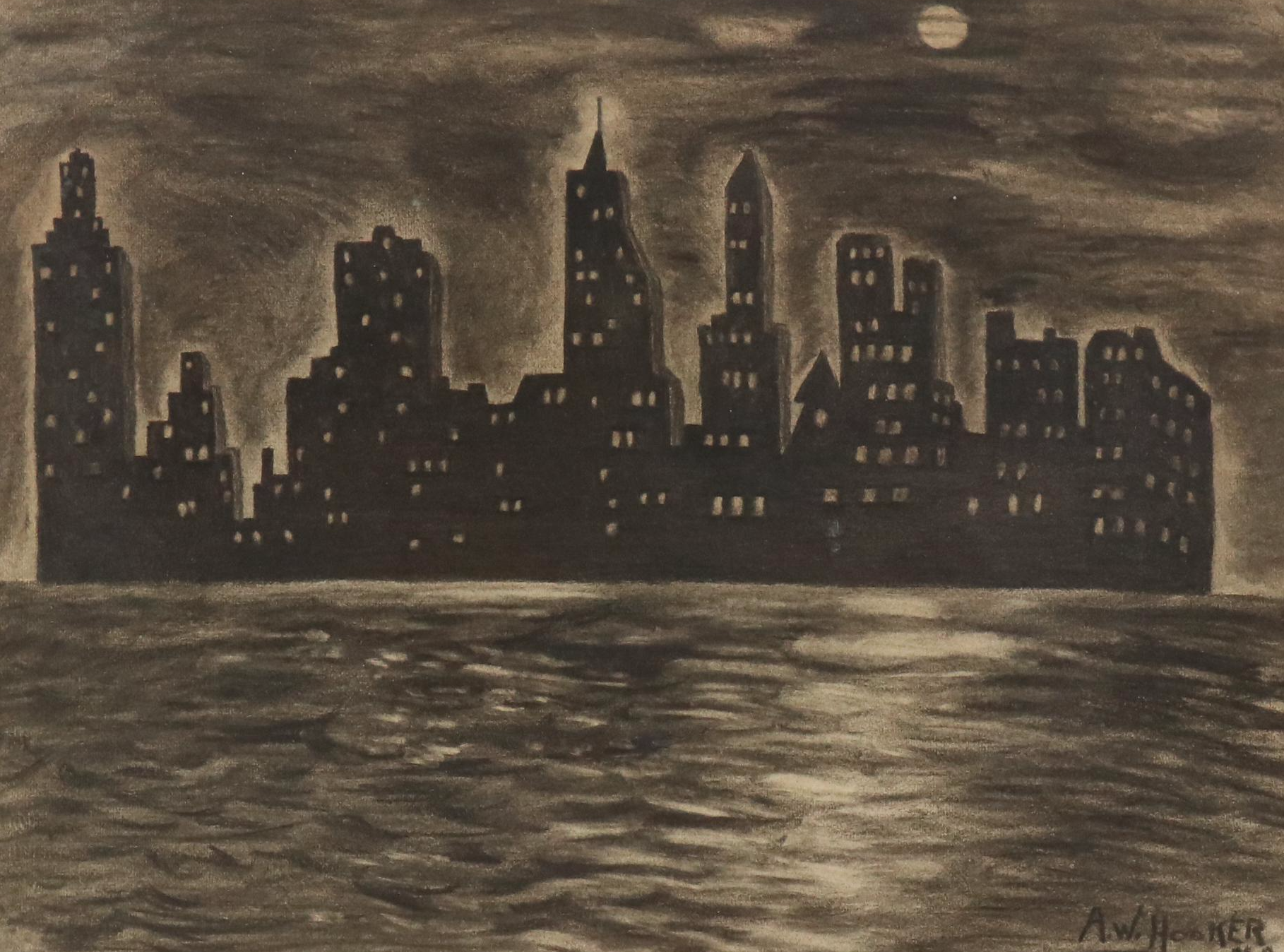 A. W. Hooker Charcoal Drawing of City Skyline on River