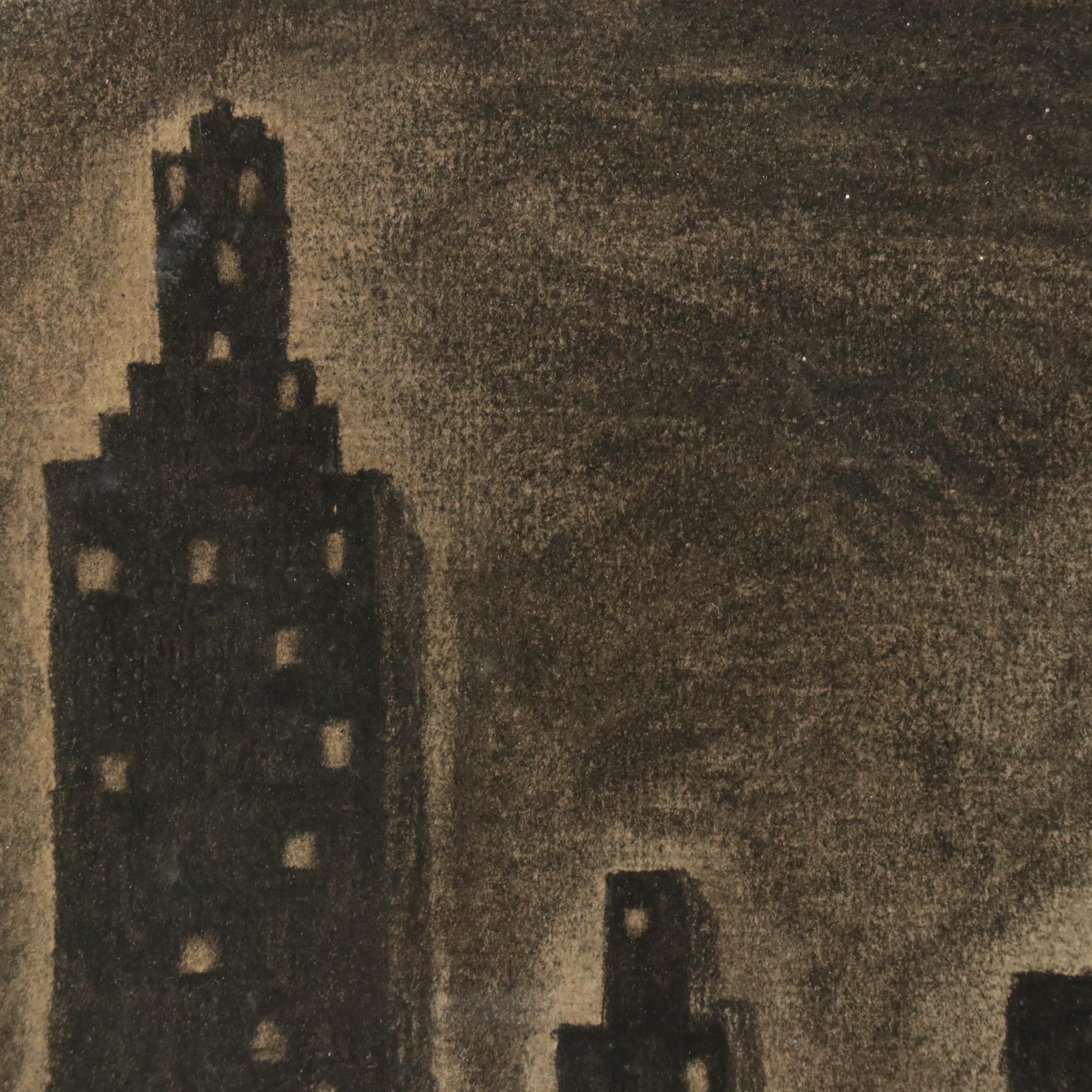 A. W. Hooker Charcoal Drawing of City Skyline on River