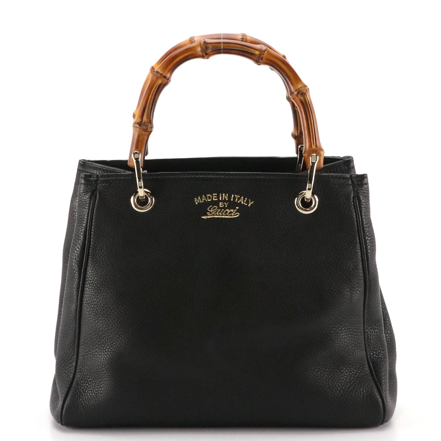 Gucci Bamboo Handle Tote in Black Grained Calfskin Leather