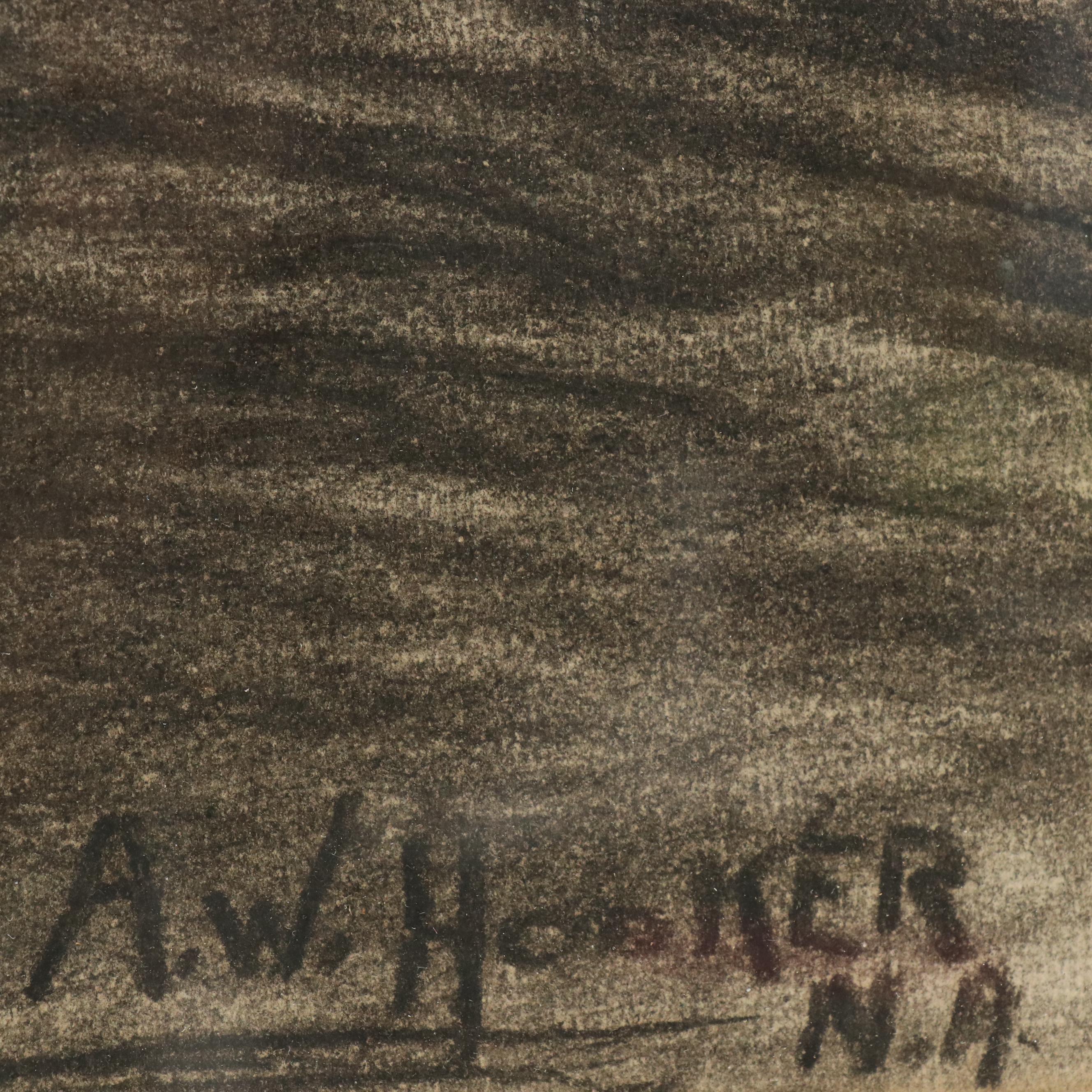 A. W. Hooker Charcoal Drawing of City Skyline on River