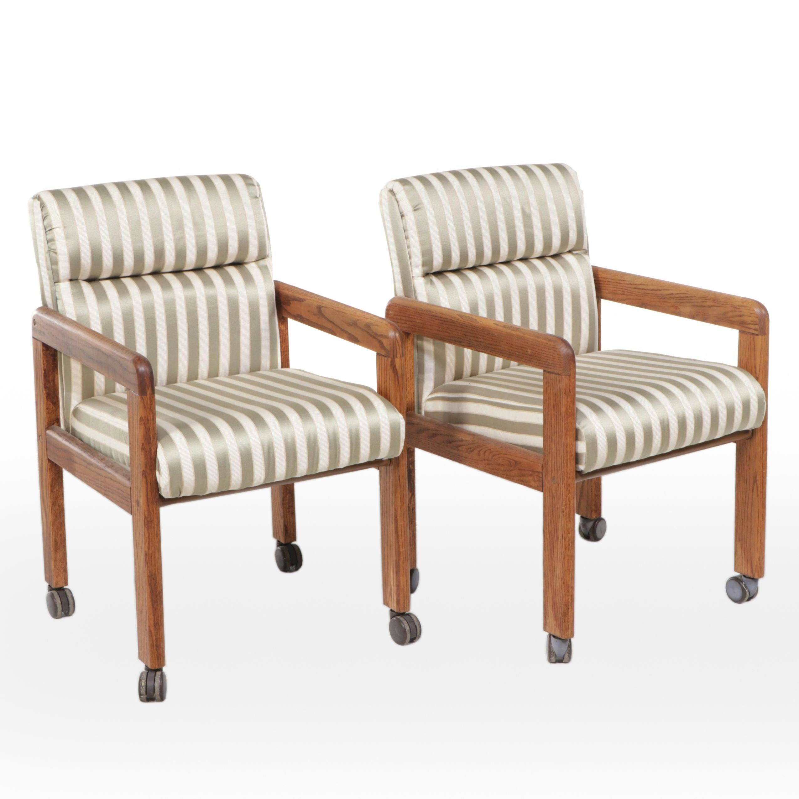 Pair of Mid Century Style Striped Upholstered Armchairs on Casters