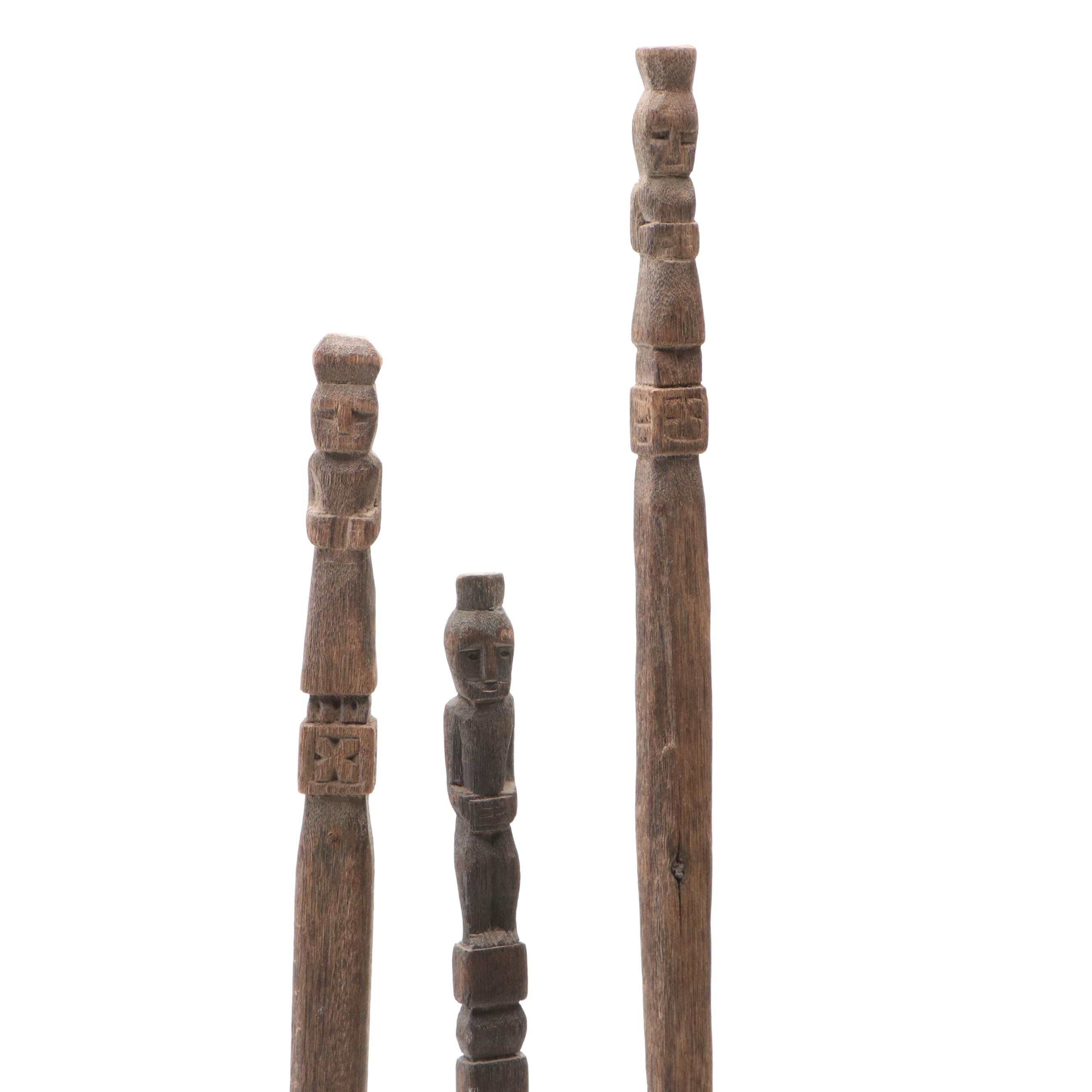 Timor Style Carved Softwood Property Sticks, Set of Three with Stand