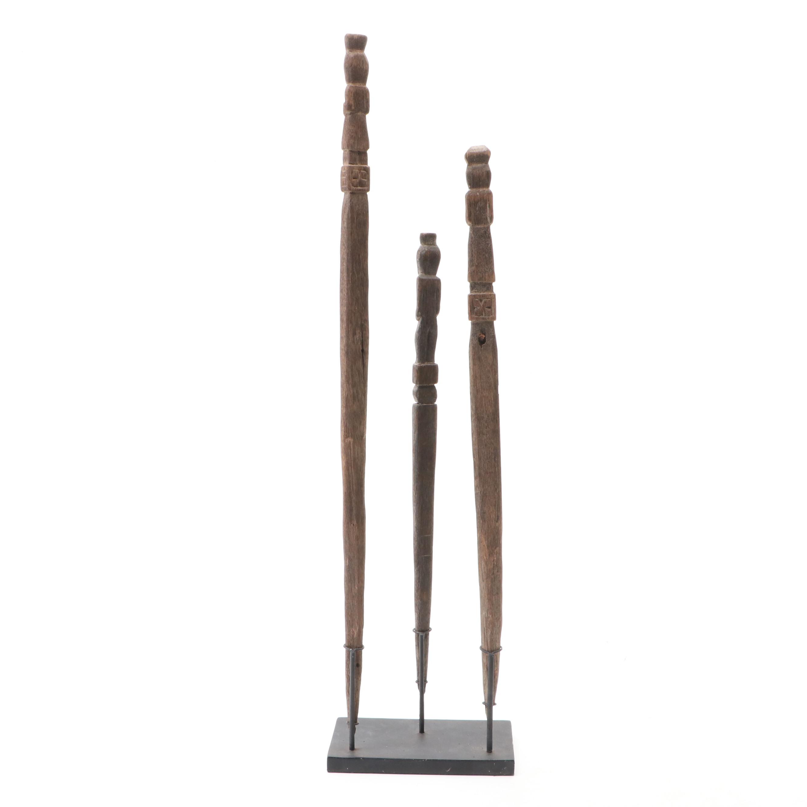 Timor Style Carved Softwood Property Sticks, Set of Three with Stand