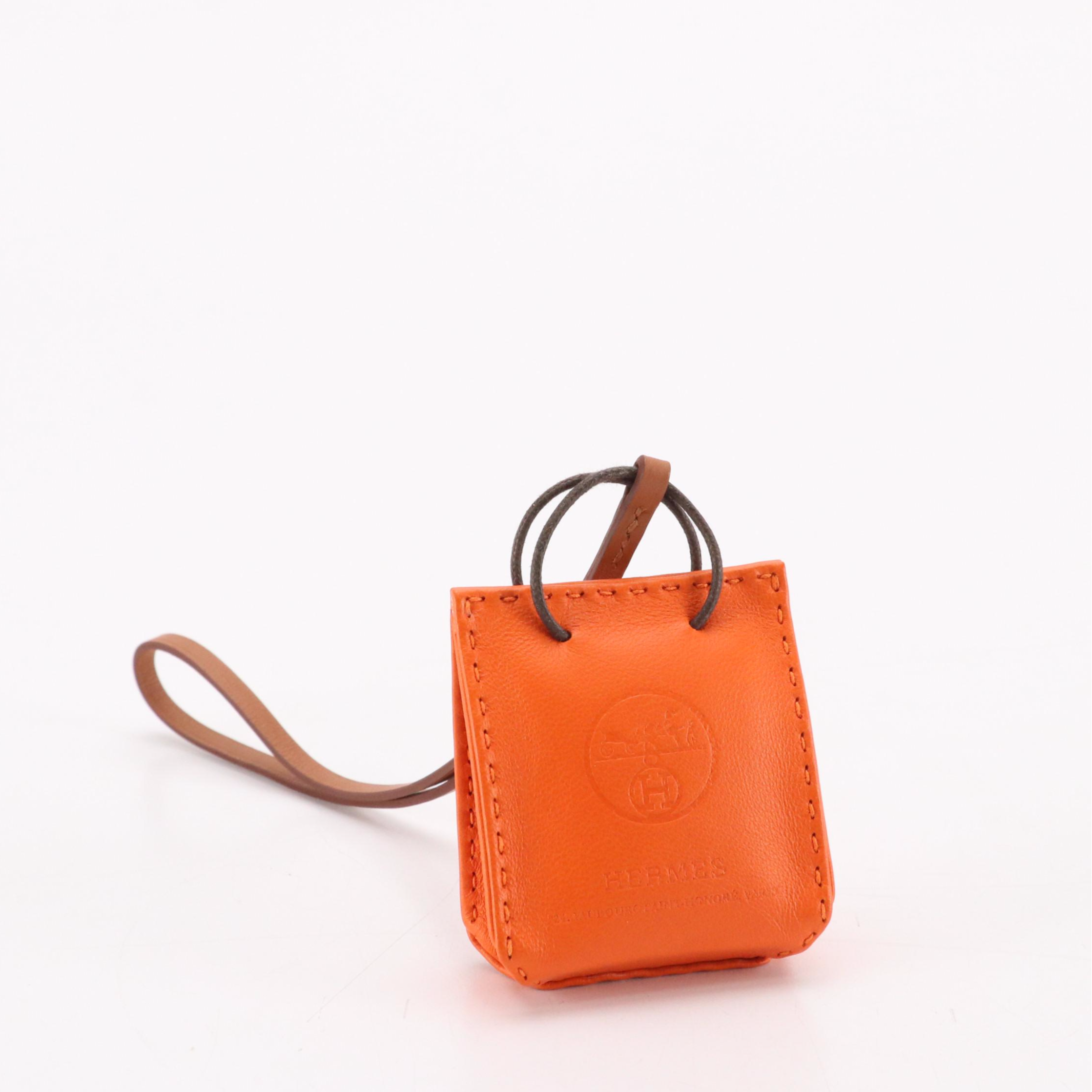 Hermès Shopping Bag Charm in Orange Milo Lambskin Leather with Box