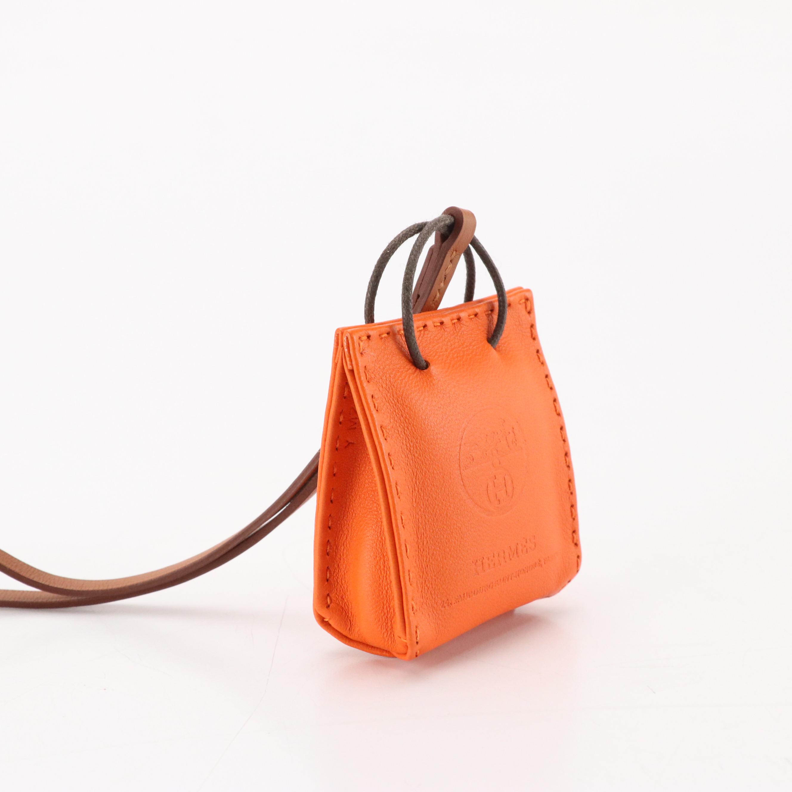 Hermès Shopping Bag Charm in Orange Milo Lambskin Leather with Box