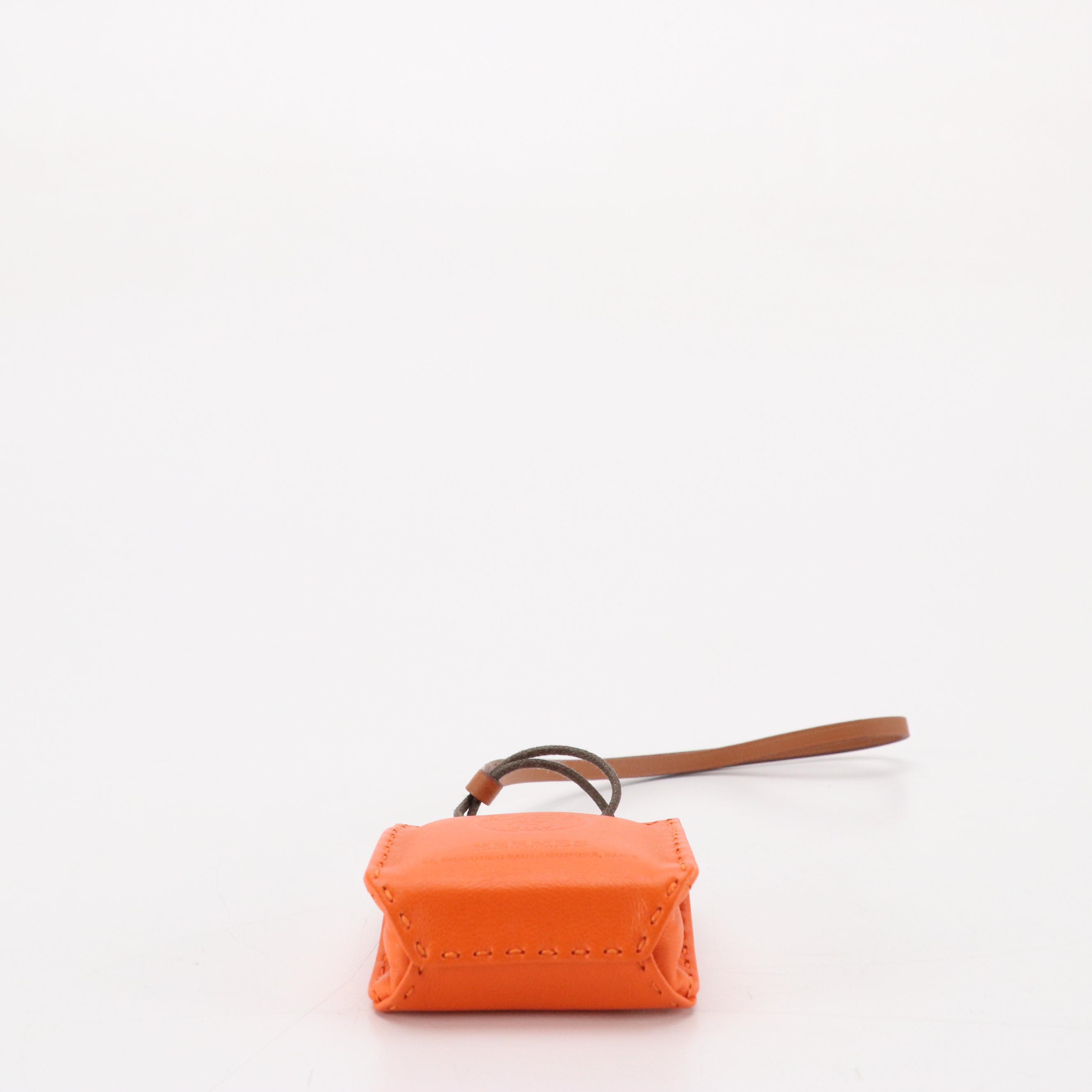 Hermès Shopping Bag Charm in Orange Milo Lambskin Leather with Box