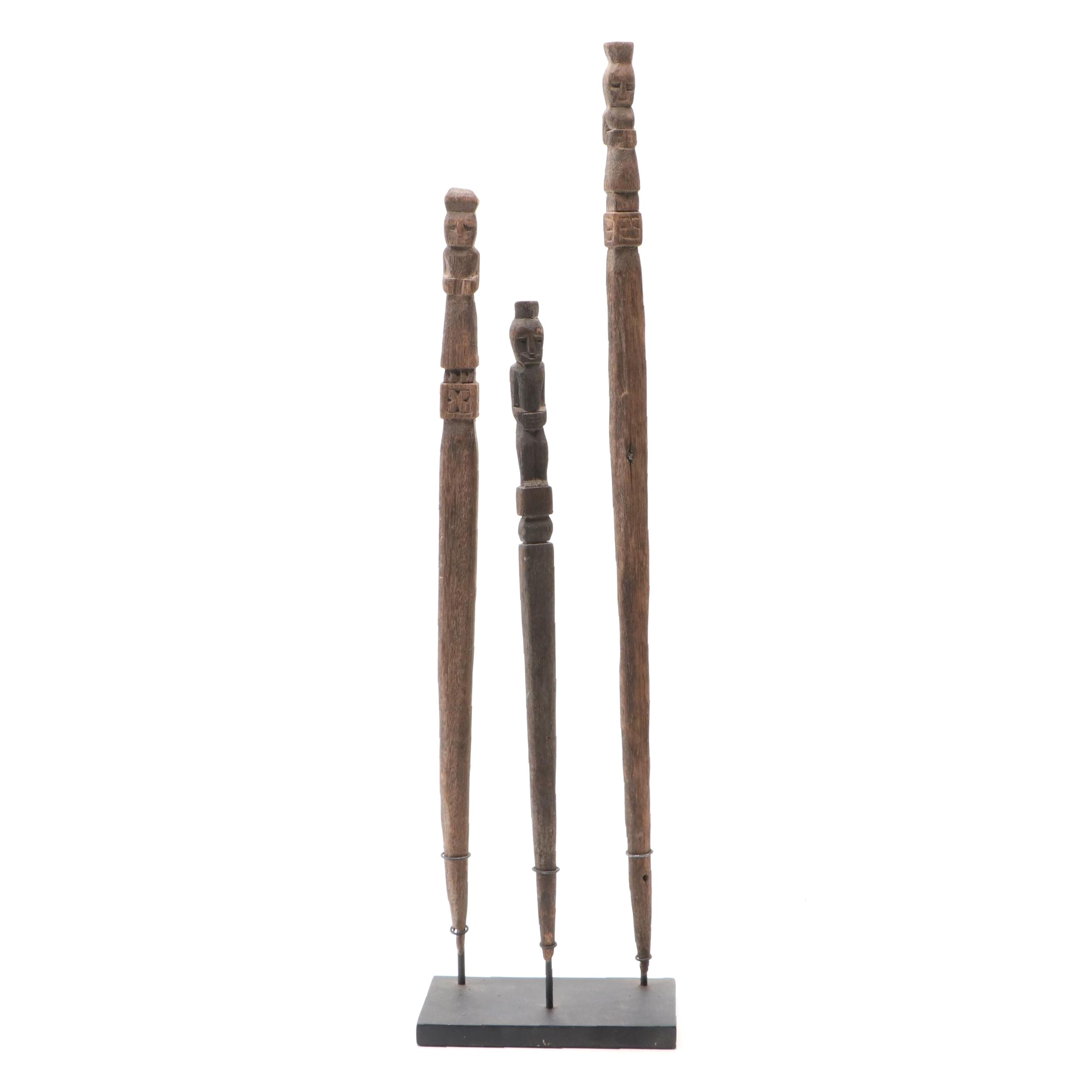Timor Style Carved Softwood Property Sticks, Set of Three with Stand