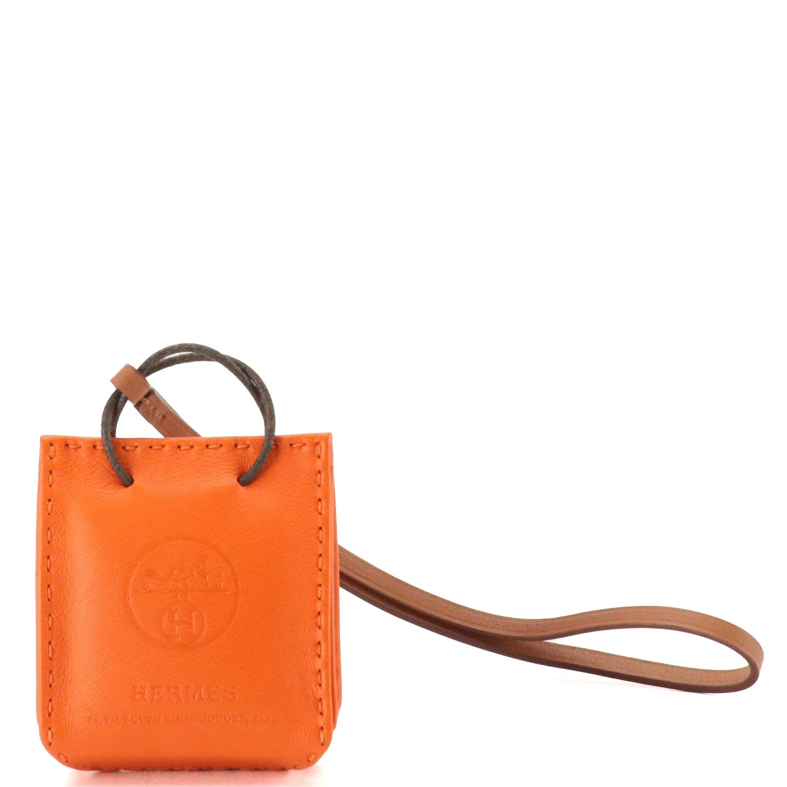 Hermès Shopping Bag Charm in Orange Milo Lambskin Leather with Box