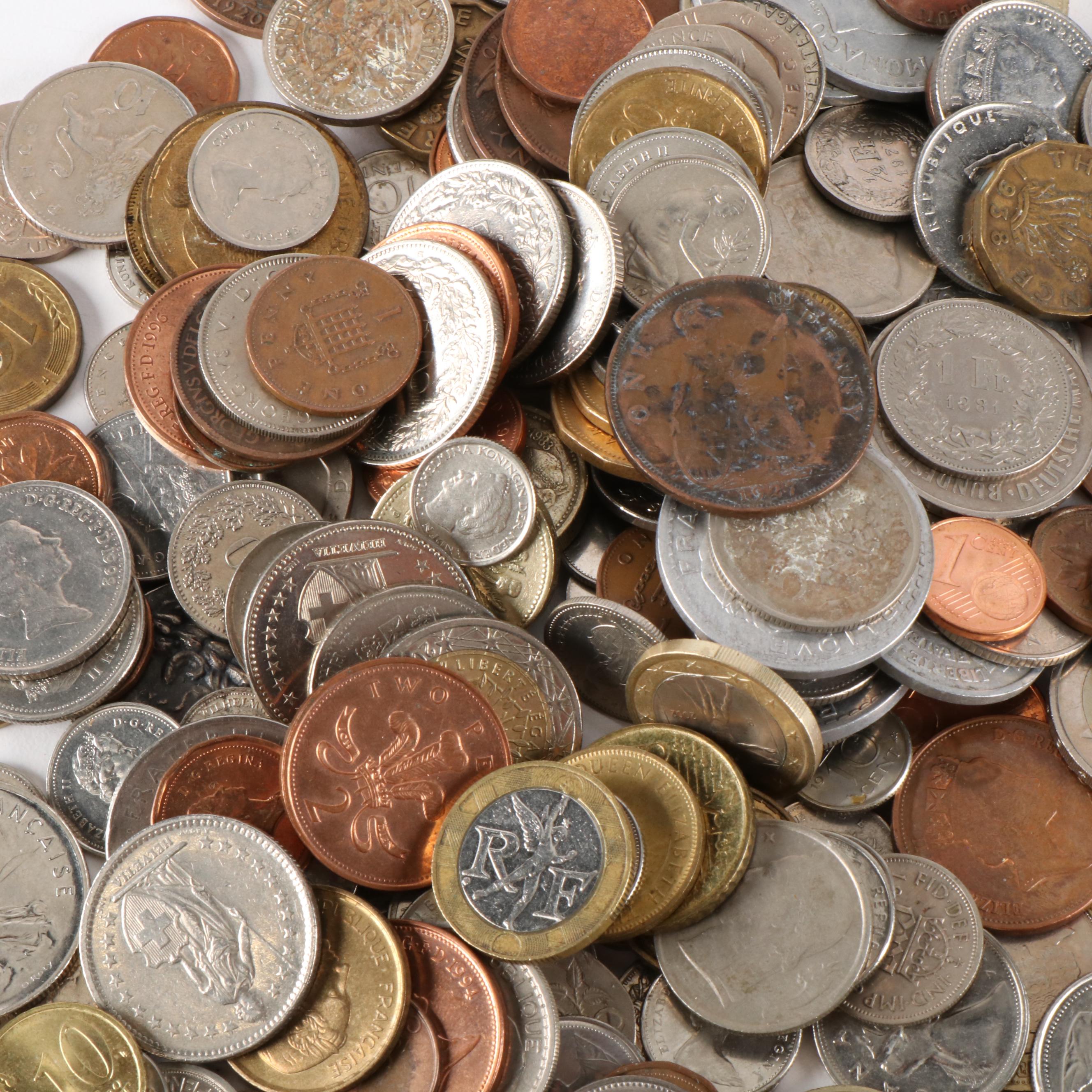 Group of Foreign and U.S. Coins, Foreign Currency, and World Postage Stamps