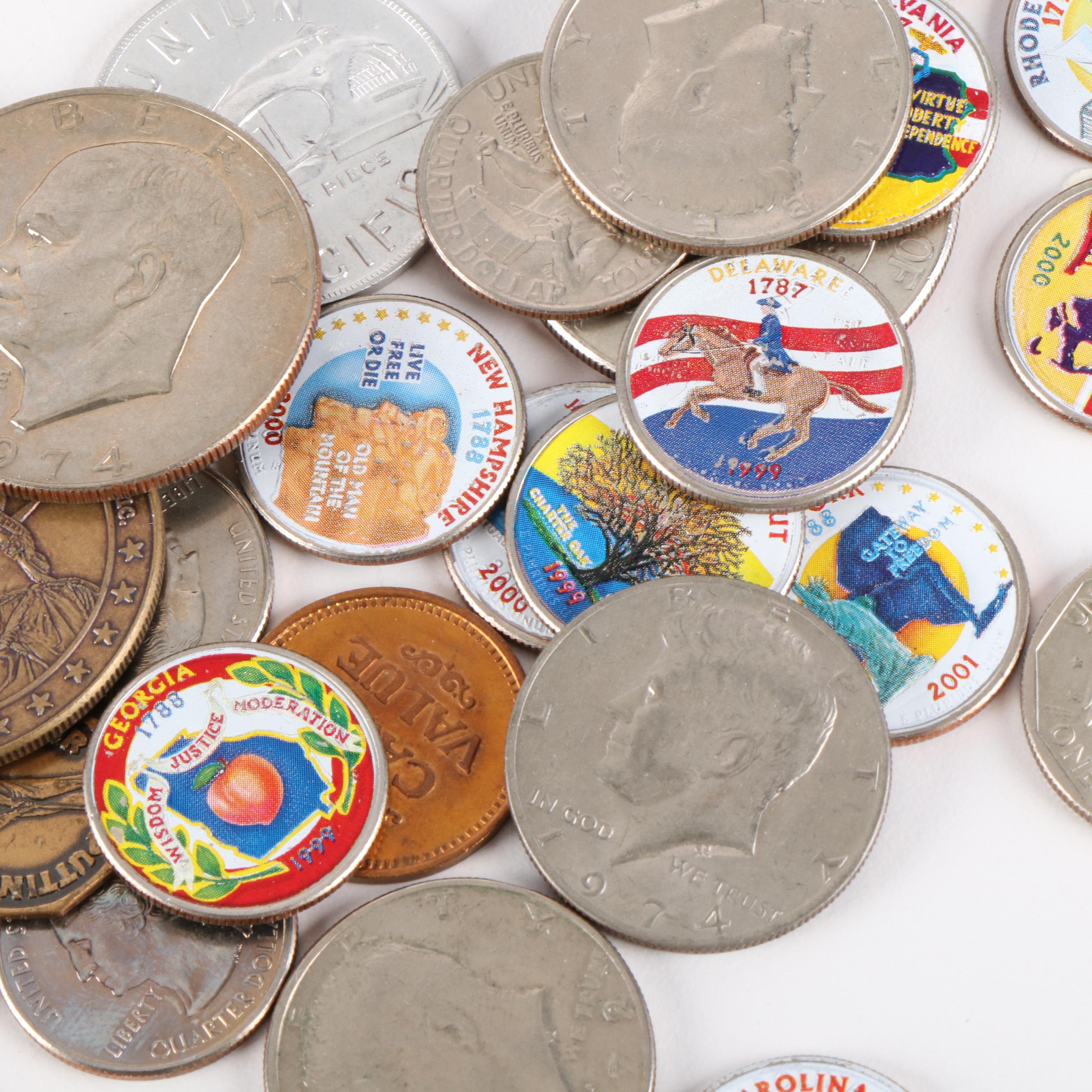 Group of Foreign and U.S. Coins, Foreign Currency, and World Postage Stamps