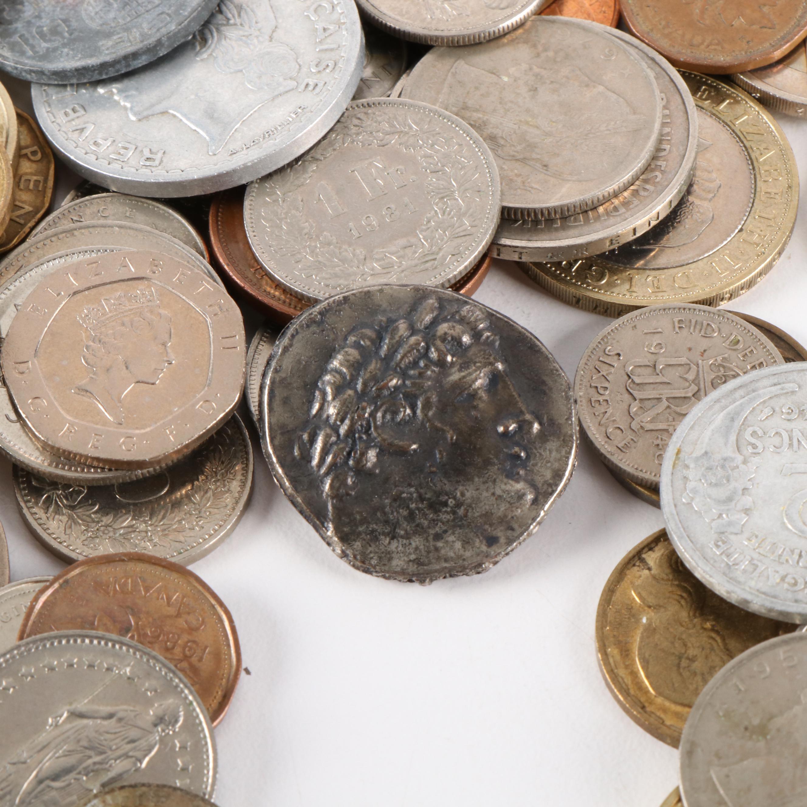 Group of Foreign and U.S. Coins, Foreign Currency, and World Postage Stamps