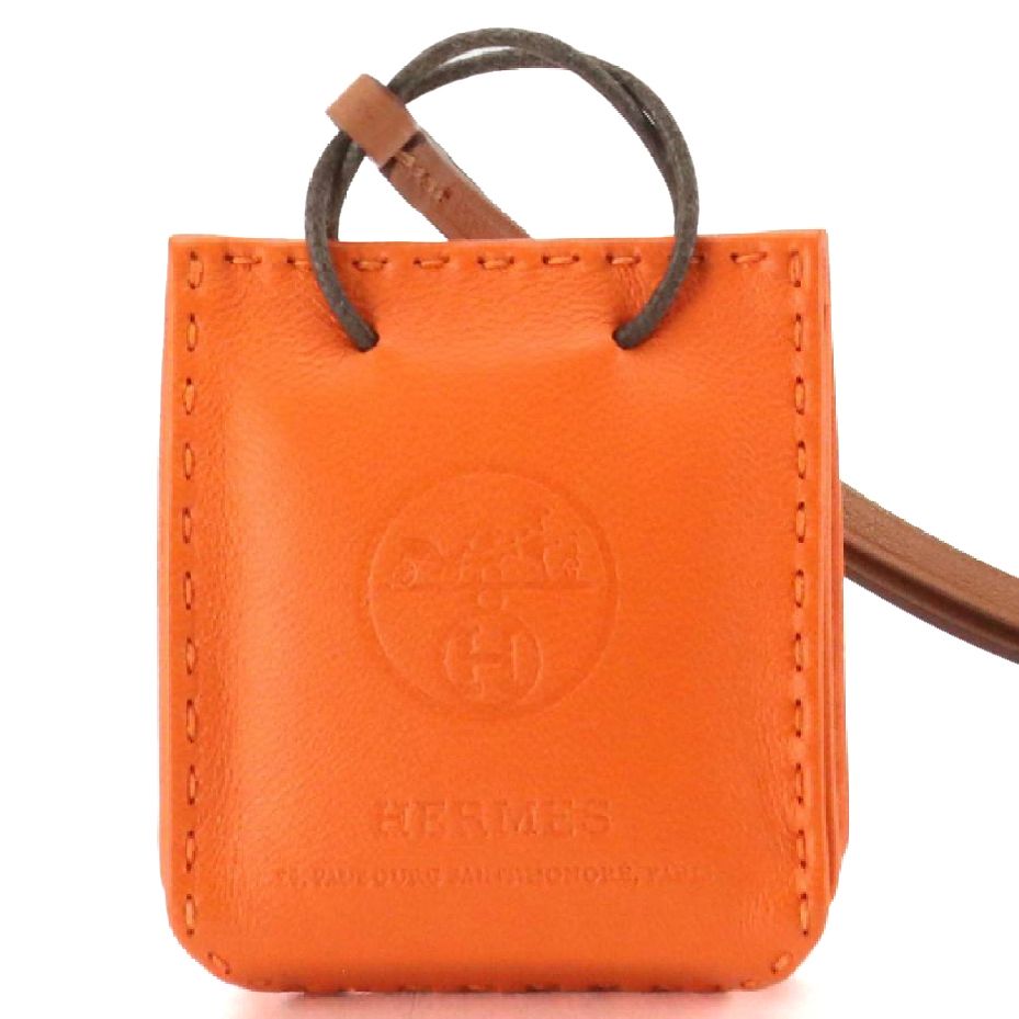 Hermès Shopping Bag Charm in Orange Milo Lambskin Leather with Box