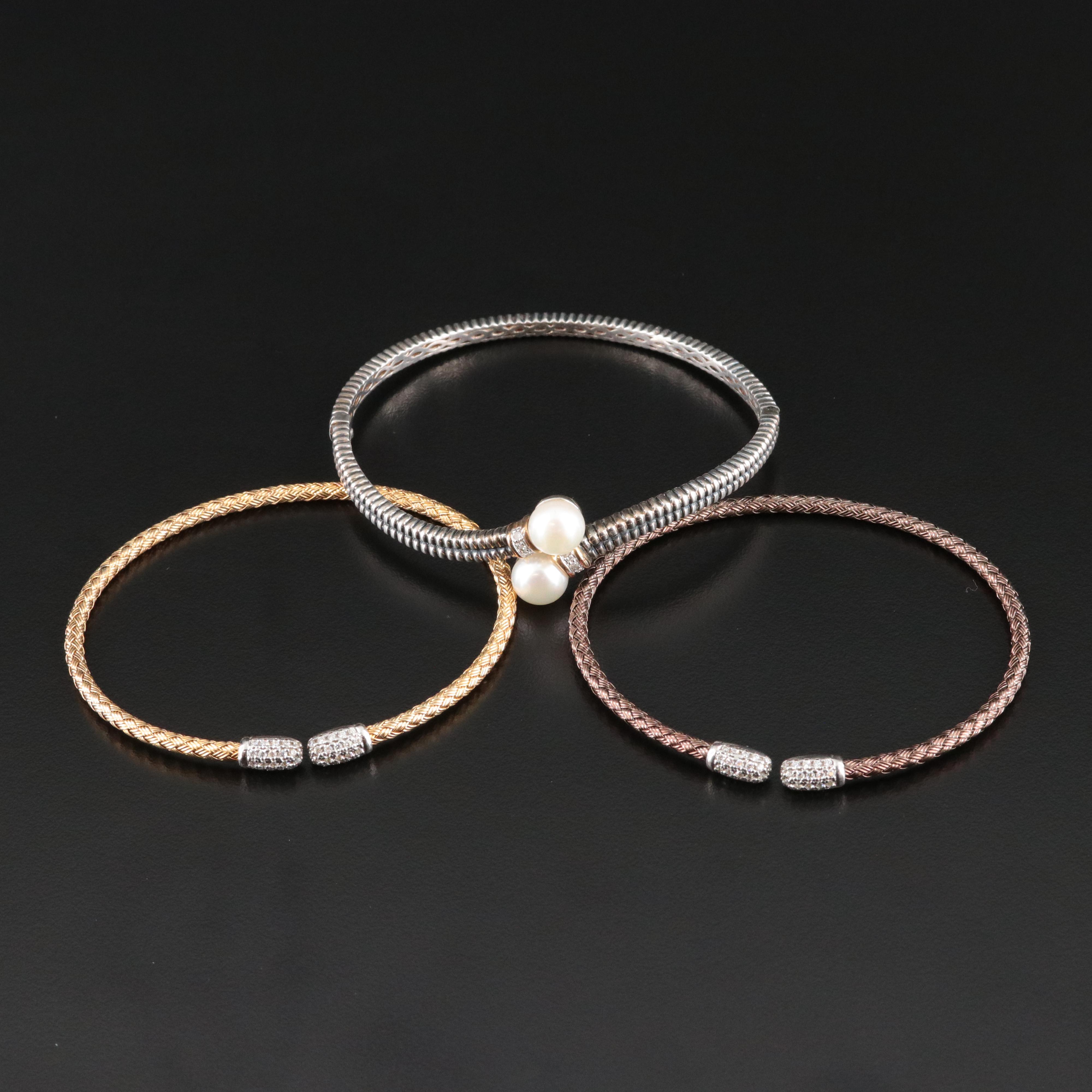 Sterling Pearl, Diamond and Cubic Zirconia Bangles with 14K Accent