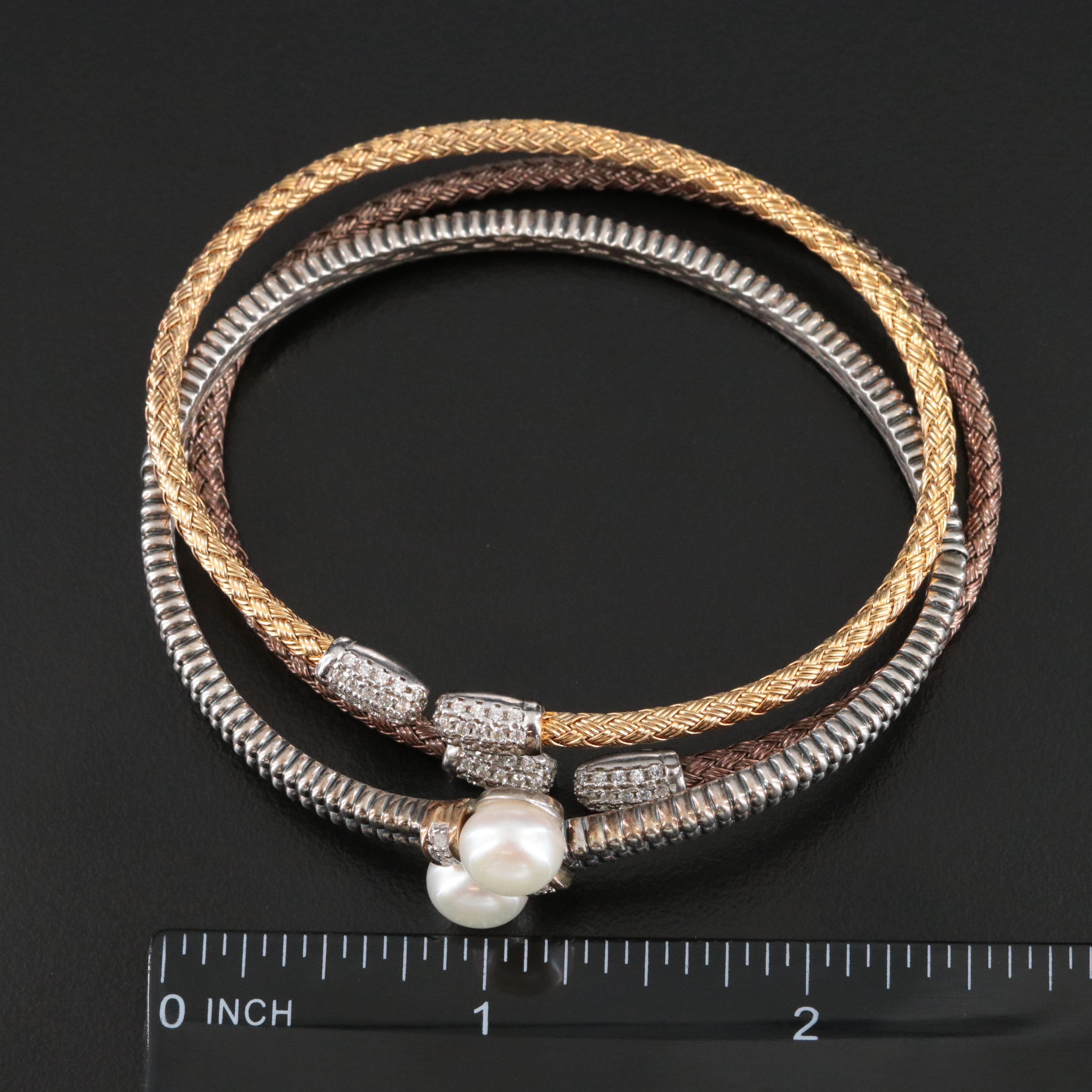Sterling Pearl, Diamond and Cubic Zirconia Bangles with 14K Accent