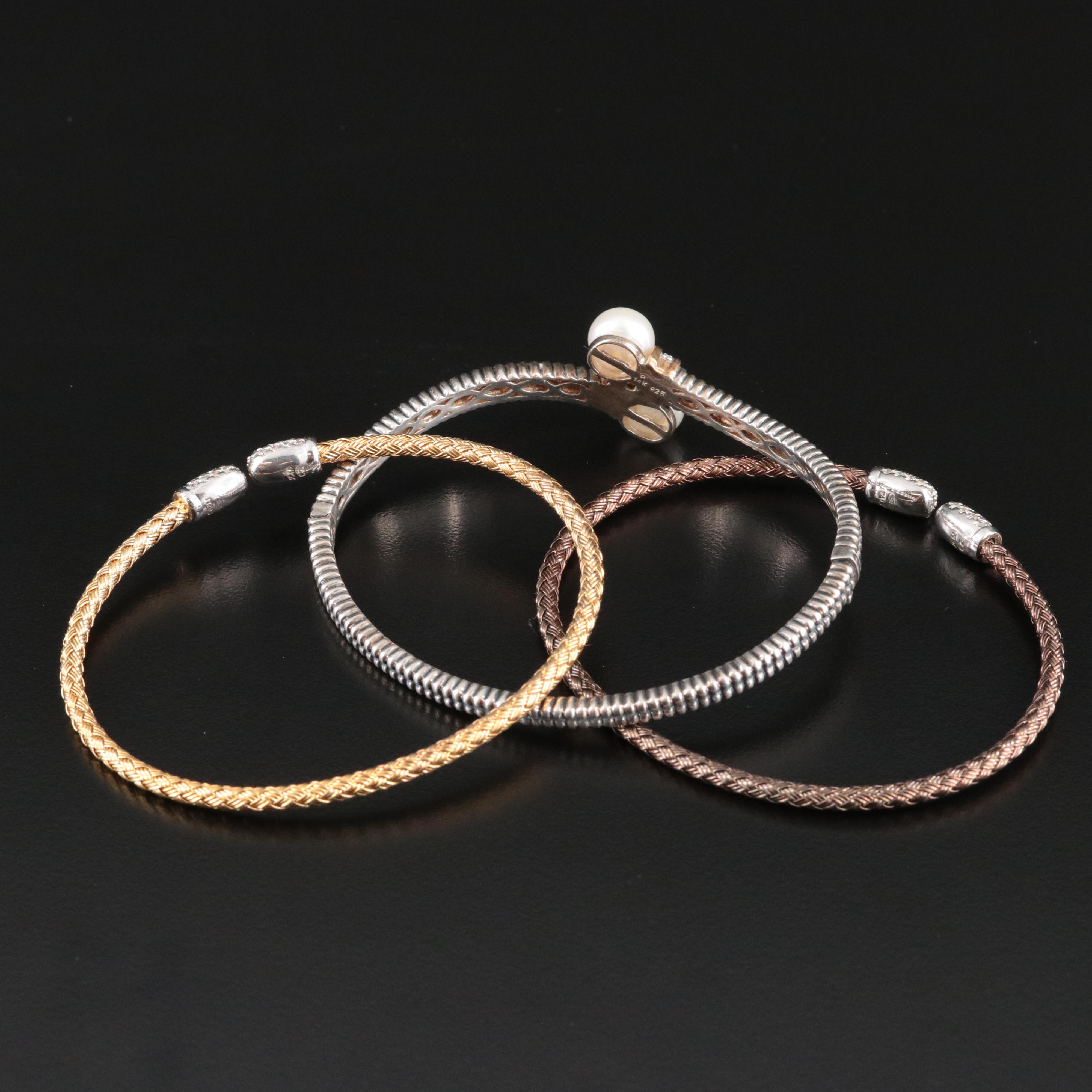 Sterling Pearl, Diamond and Cubic Zirconia Bangles with 14K Accent