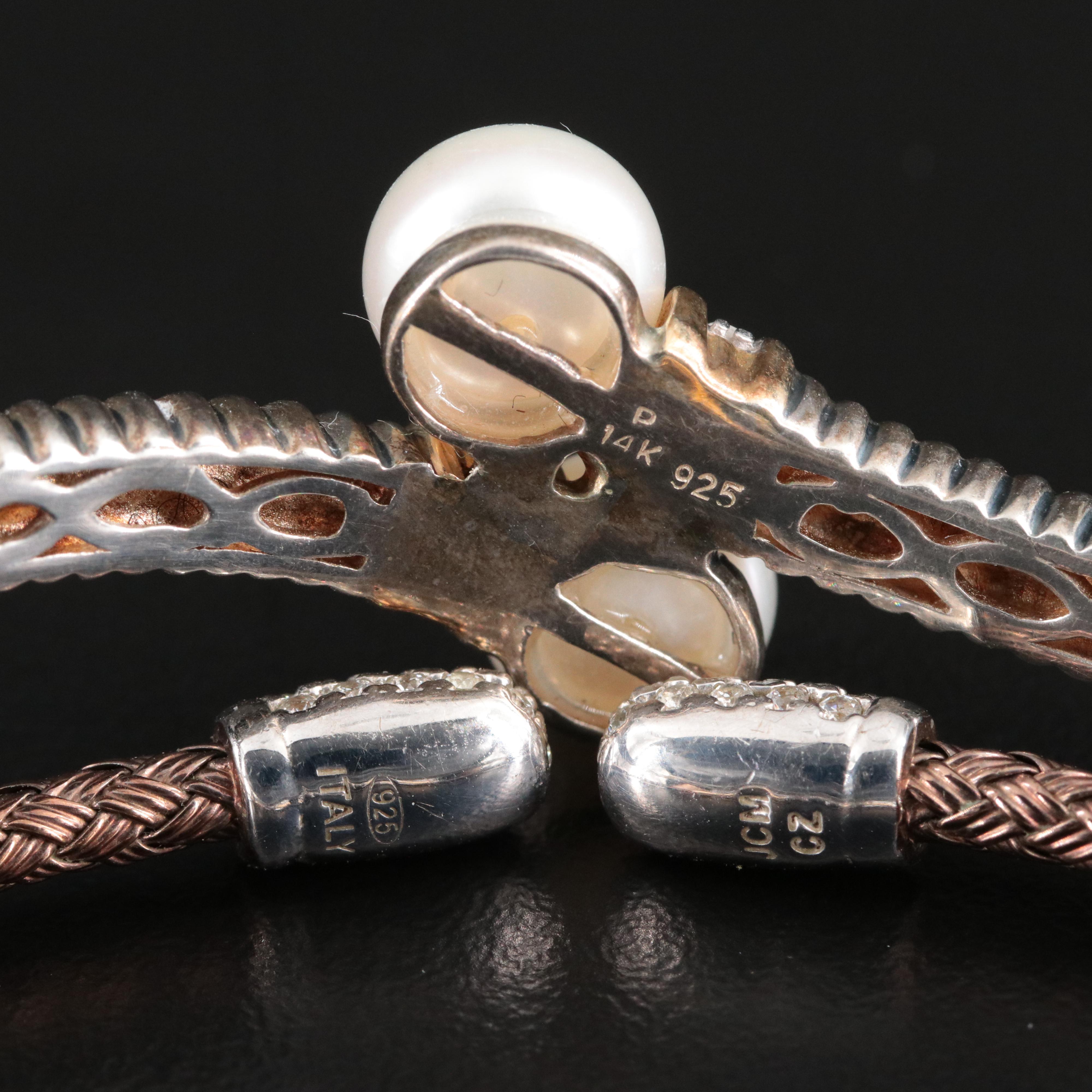 Sterling Pearl, Diamond and Cubic Zirconia Bangles with 14K Accent