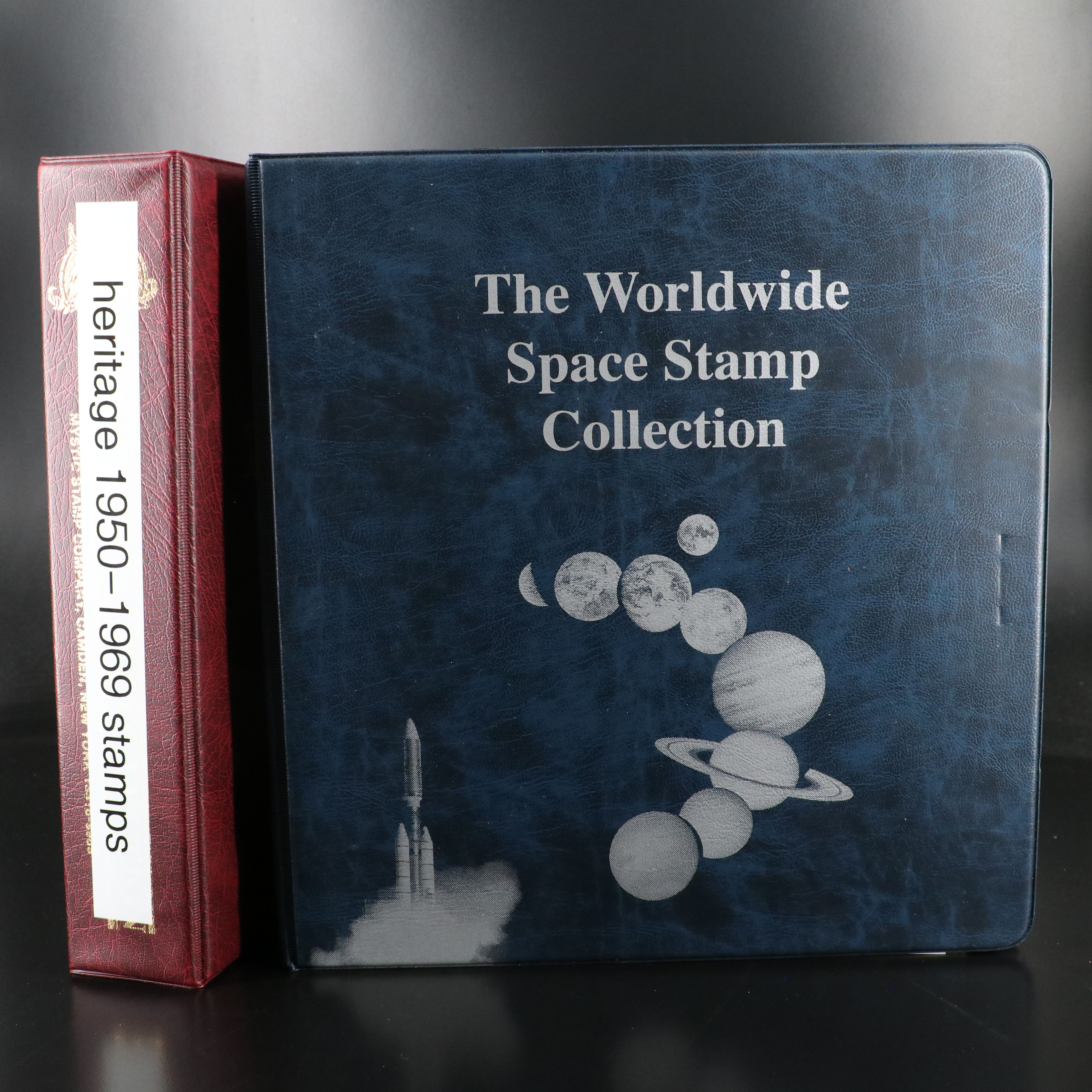 2 Stamp Albums with Mint Stamps, Moon Landing and 1950-1959 Commemorative Stamps