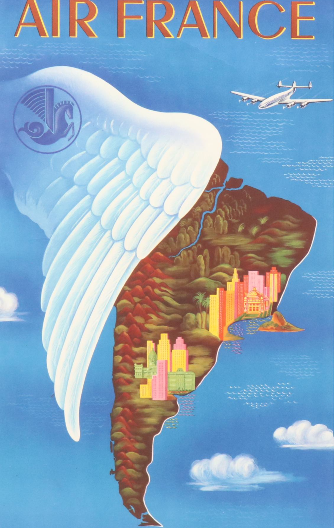 Air France Offset Lithograph "Amérique du Sud," Mid-20th Century