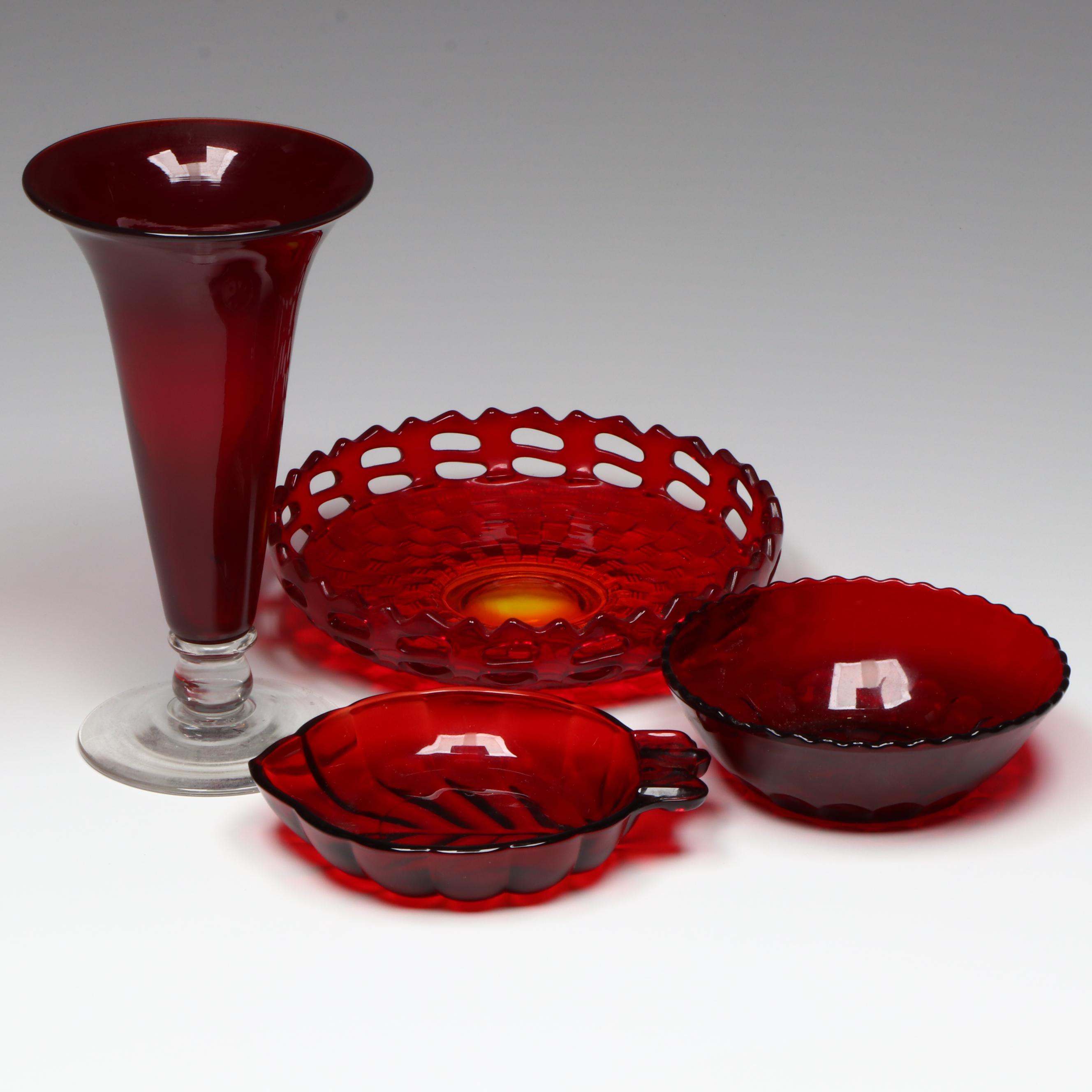 Vintage Red Glass Vase and Serving Dishes, Mid to Late 20th Century