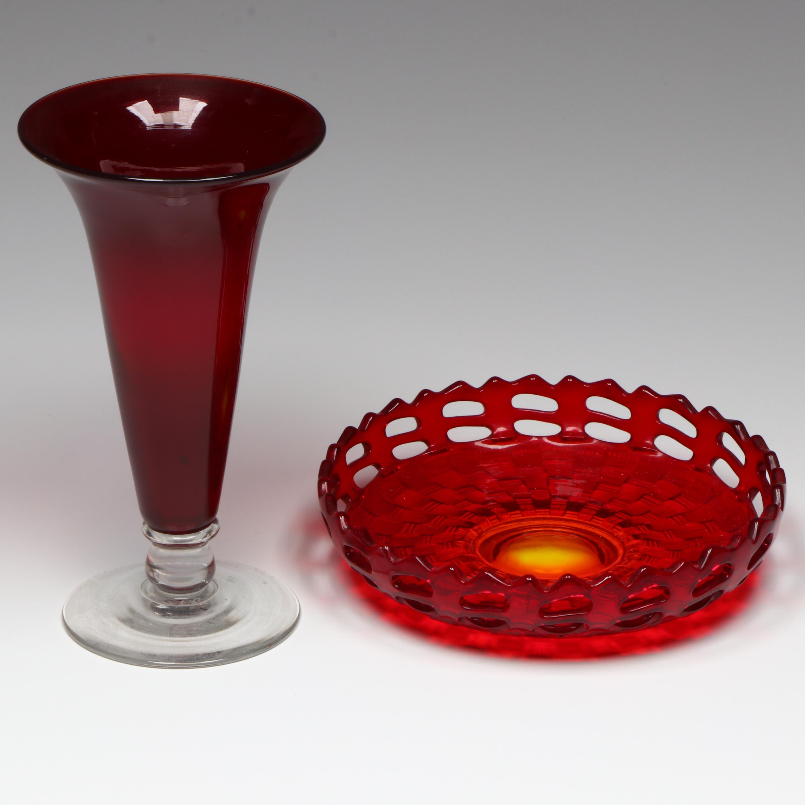Vintage Red Glass Vase and Serving Dishes, Mid to Late 20th Century