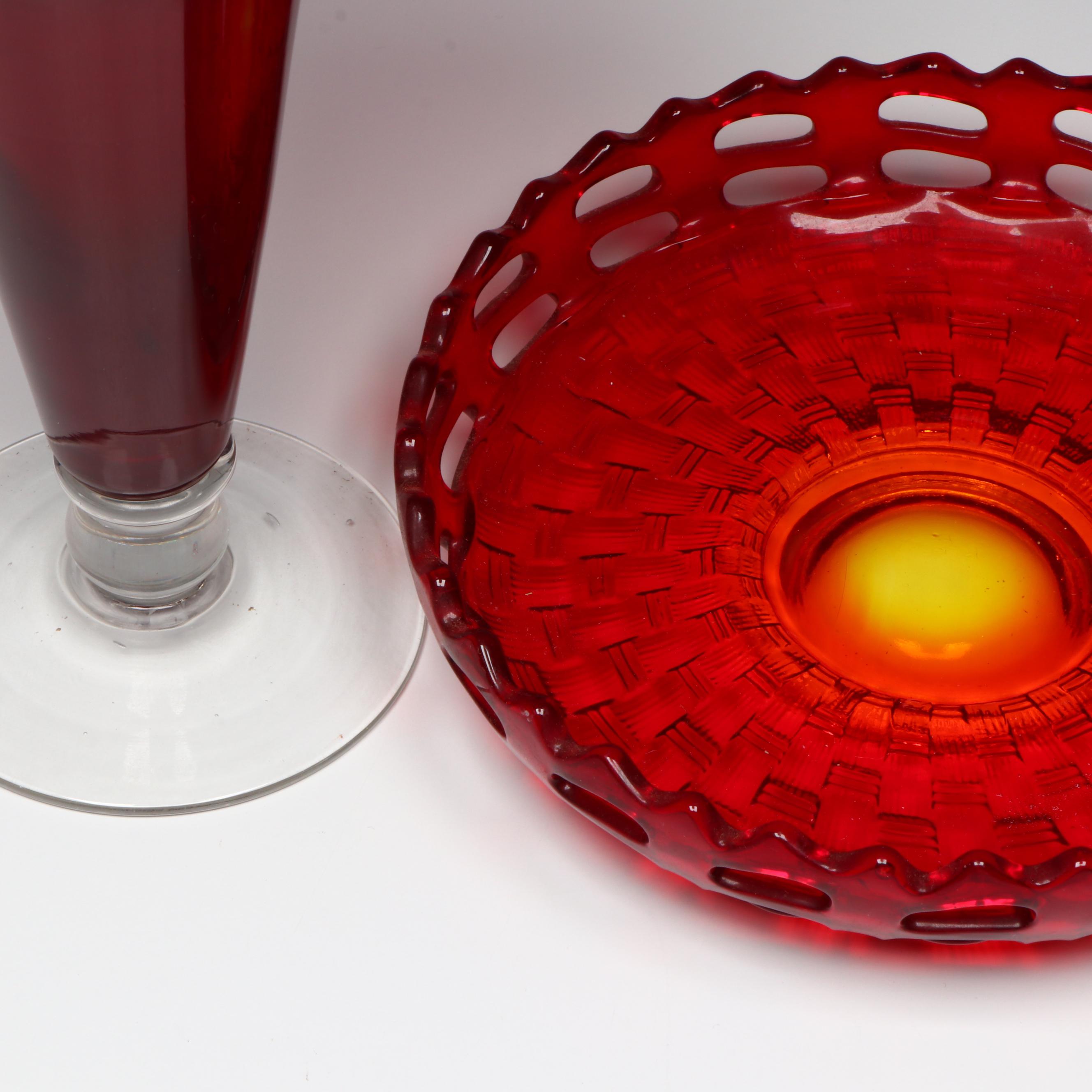 Vintage Red Glass Vase and Serving Dishes, Mid to Late 20th Century