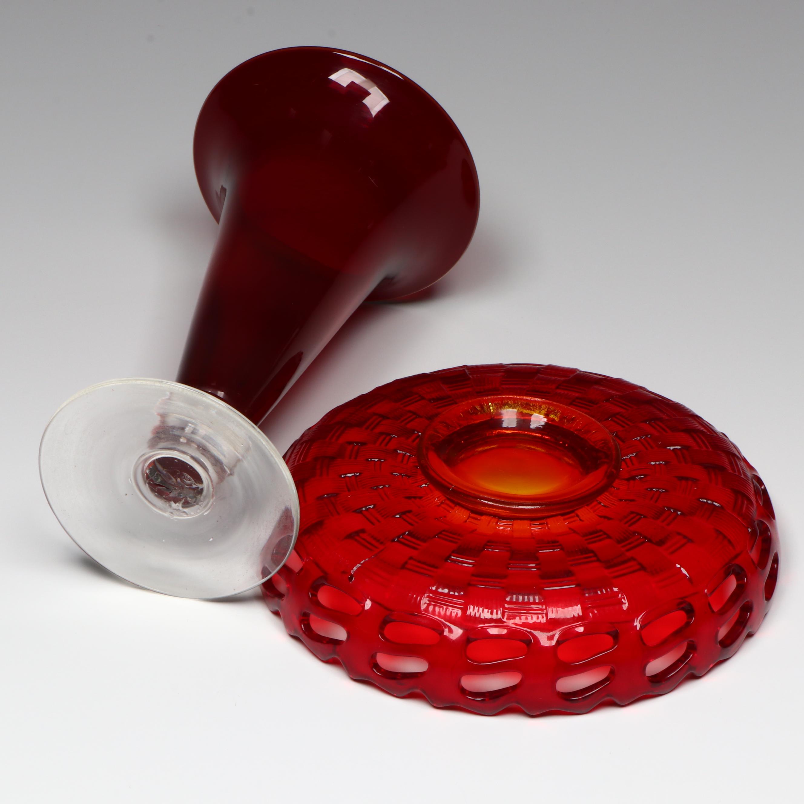Vintage Red Glass Vase and Serving Dishes, Mid to Late 20th Century