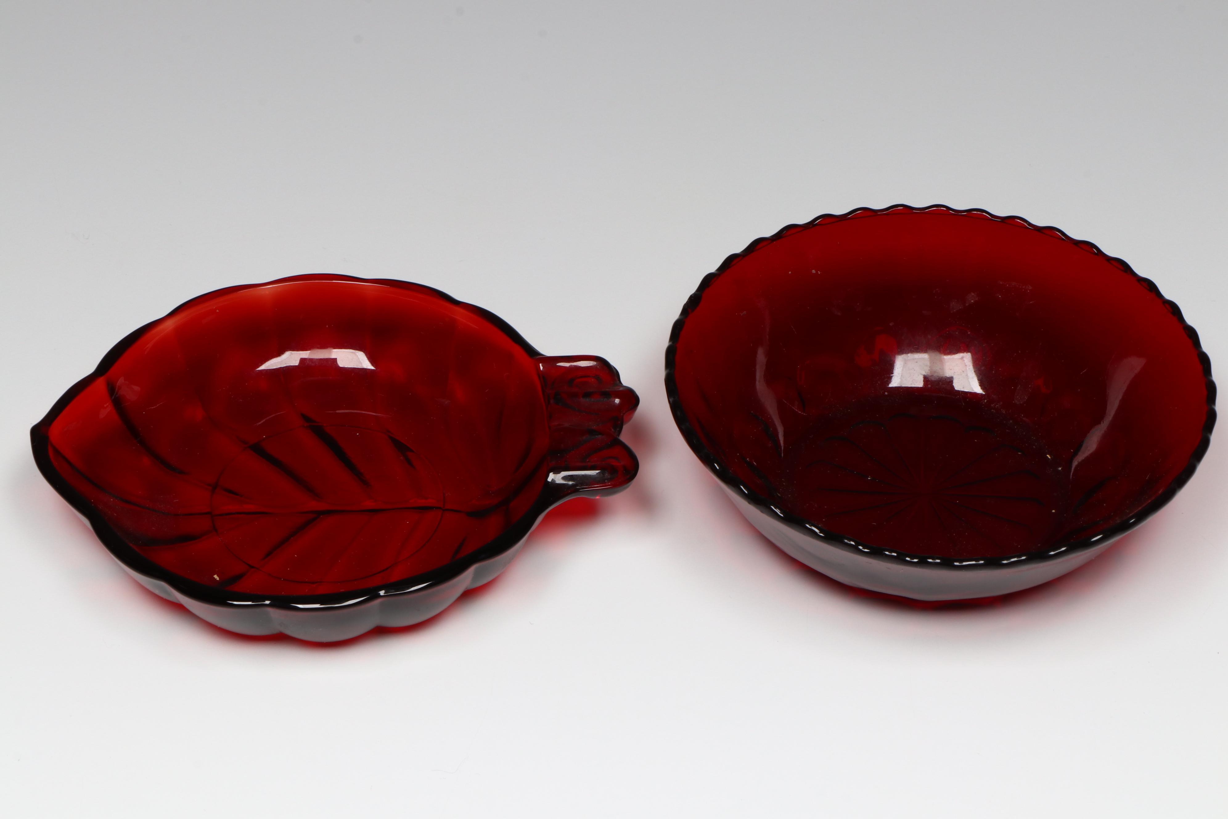 Vintage Red Glass Vase and Serving Dishes, Mid to Late 20th Century